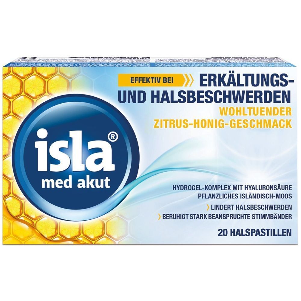Schachtel mit "isla med akut". Aufschrift: Erkältungs- und Halsbeschwerden, Zitrus-Honig-Geschmack. 20 Halspastillen.