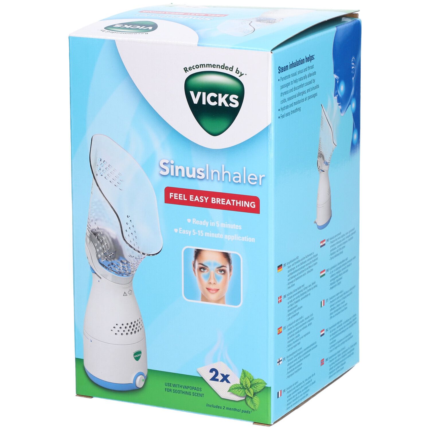 Verpackung des Vicks Sinus Inhaler. Blau-weiß, Produktabbildung, Vicks-Logo, Text: Sinus Inhaler, Feel Easy Breathing, 2x Pads.