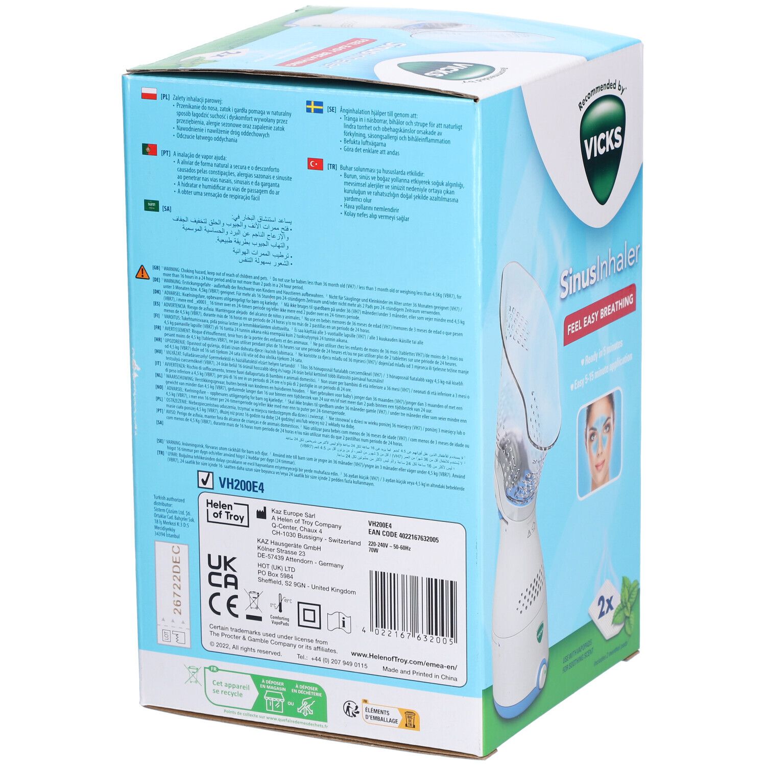 Rückseite der Vicks Sinus Inhaler Verpackung. Text in mehreren Sprachen, Produktinformationen, Logo, CE-Kennzeichnung, Barcode.