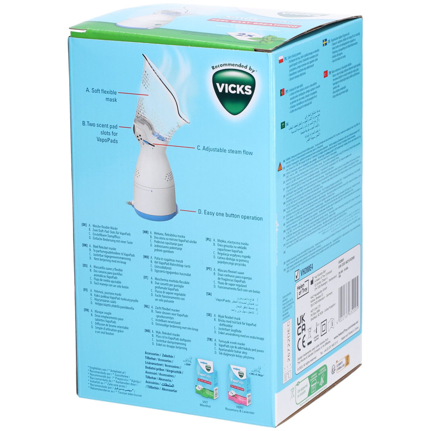 Seite der Vicks Sinus Inhaler Verpackung. Diagramm mit Produktmerkmalen, Text in mehreren Sprachen, Produktabbildung.