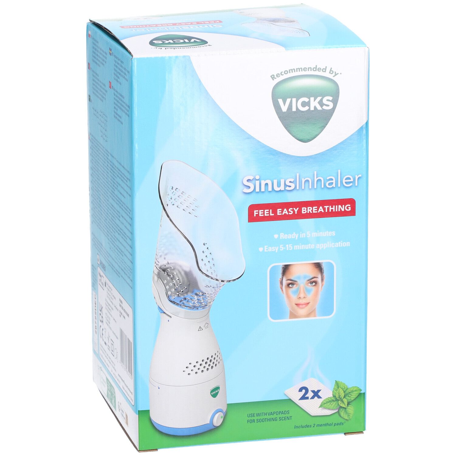 Vorderseite der Vicks Sinus Inhaler Verpackung. Produktabbildung, Vicks-Logo, Text: Sinus Inhaler, Feel Easy Breathing, 2x Pads.