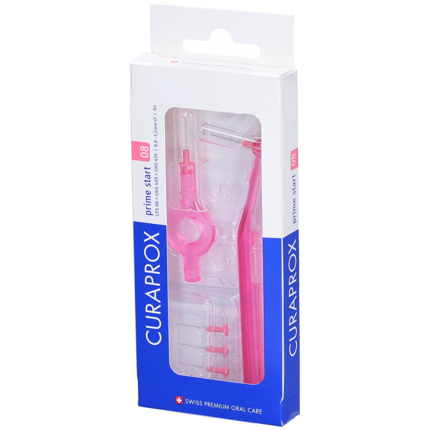 Emballage de brosses interdentaires roses CURAPROX. Contient des brosses, un support et une poignée. Taille visible : 0,8 mm.