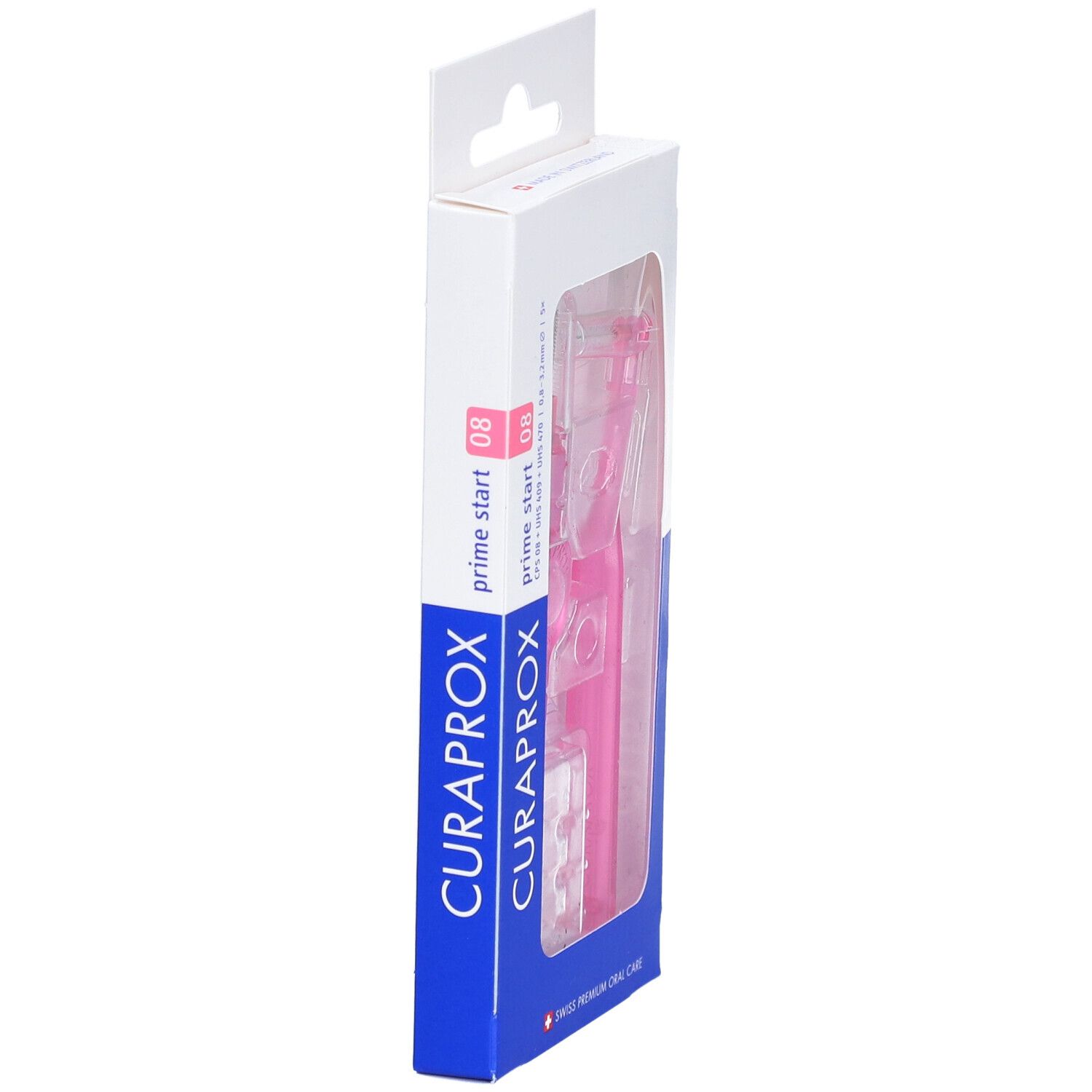 Vue latérale de l'emballage des brosses interdentaires roses CURAPROX. Contient des brosses, un support et une poignée. Taille visible : 0,8 mm.