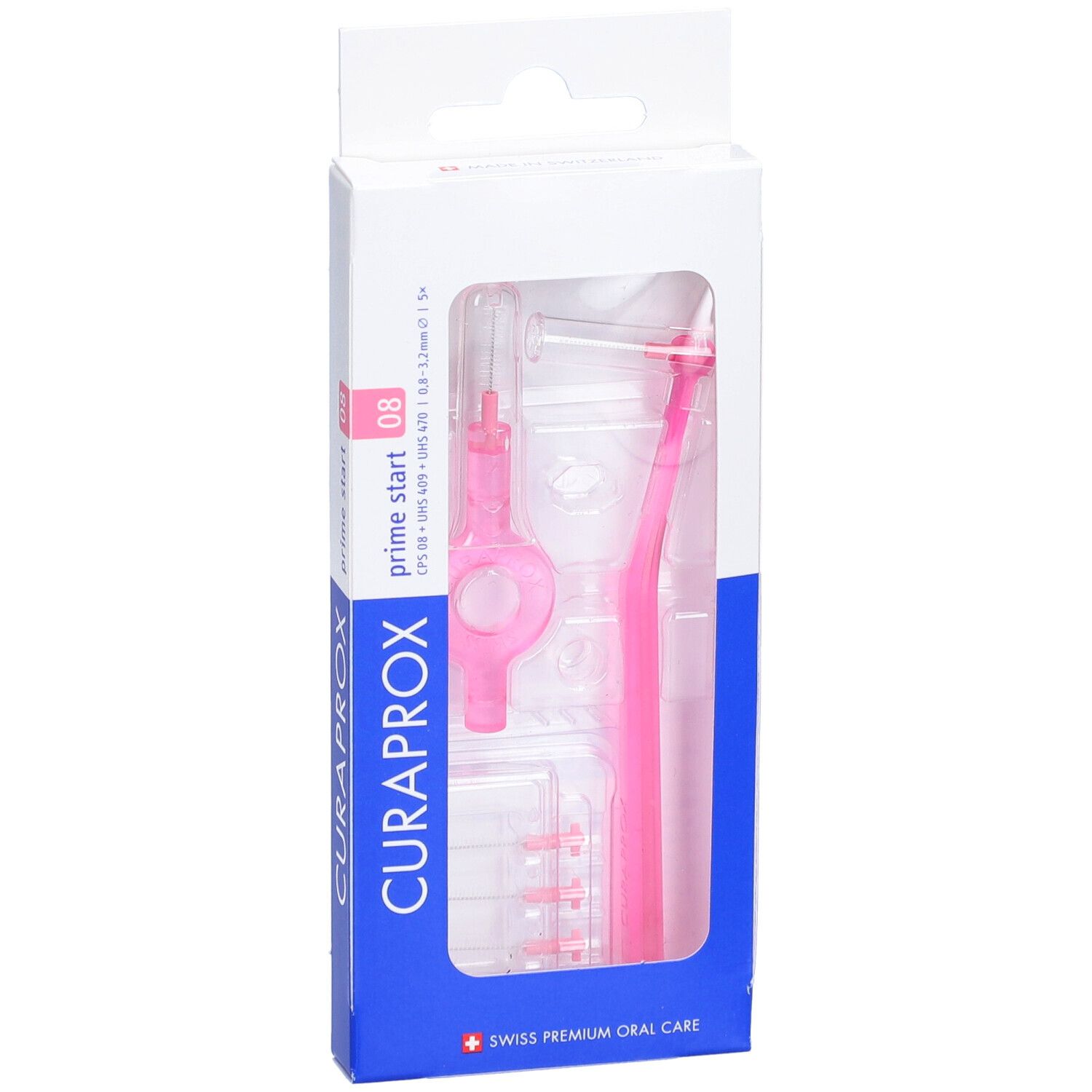 Emballage de brosses interdentaires roses CURAPROX. Contient des brosses, un support et une poignée. Taille visible : 0,8 mm.