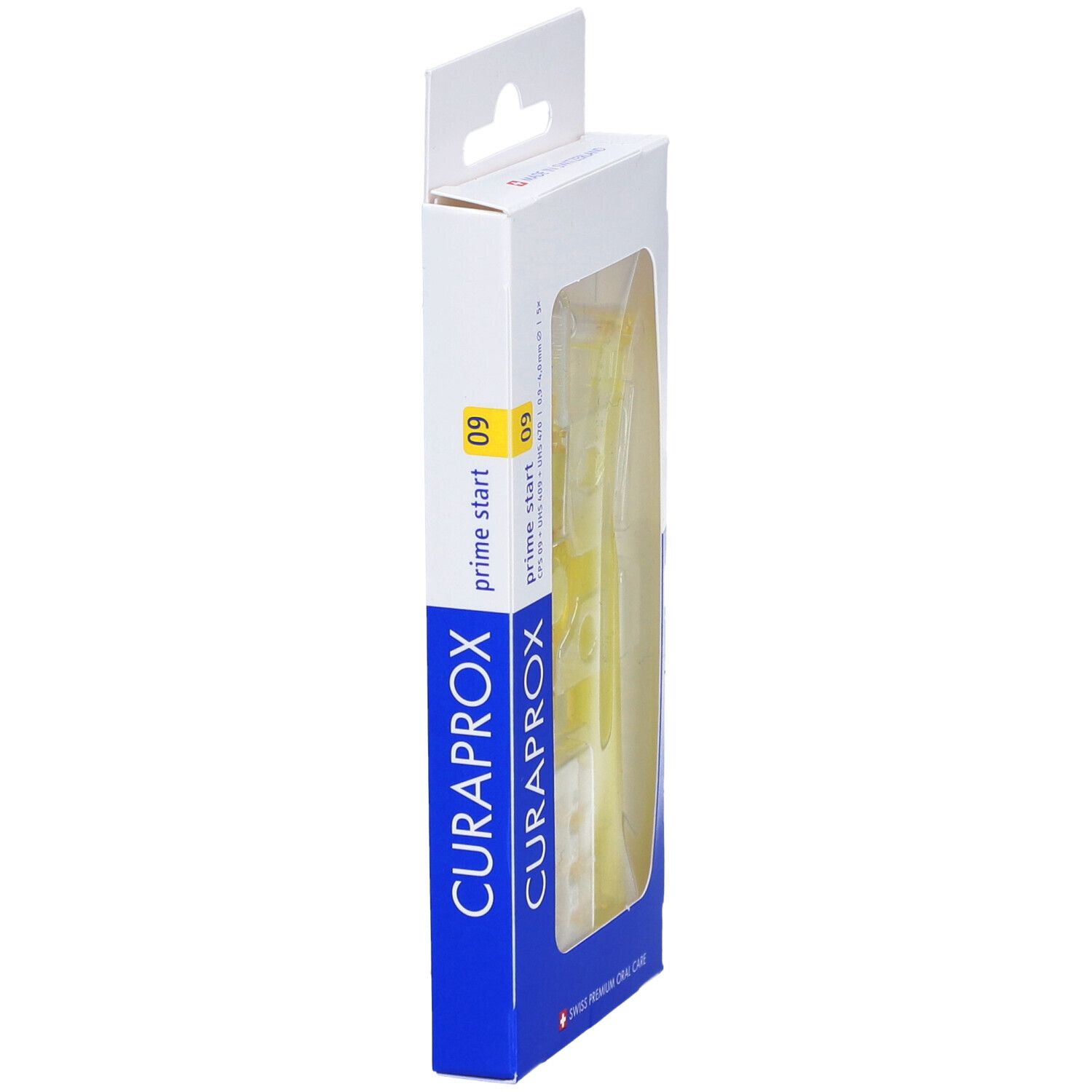 Seitenansicht der Verpackung mit gelben Interdentalbürsten. Marke CURAPROX und Produktbezeichnung.