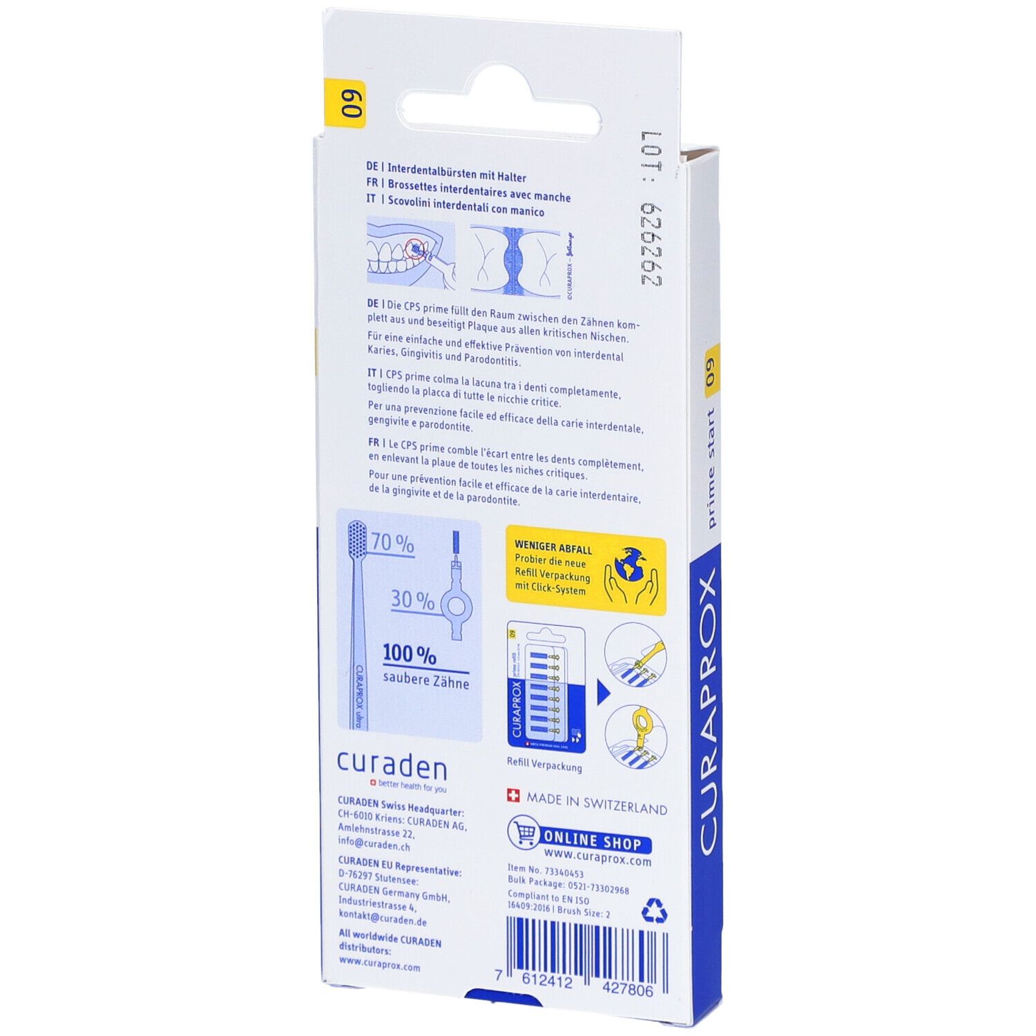 Rückseite der Verpackung mit Produktinformationen und Marke CURAPROX. Text in mehreren Sprachen.