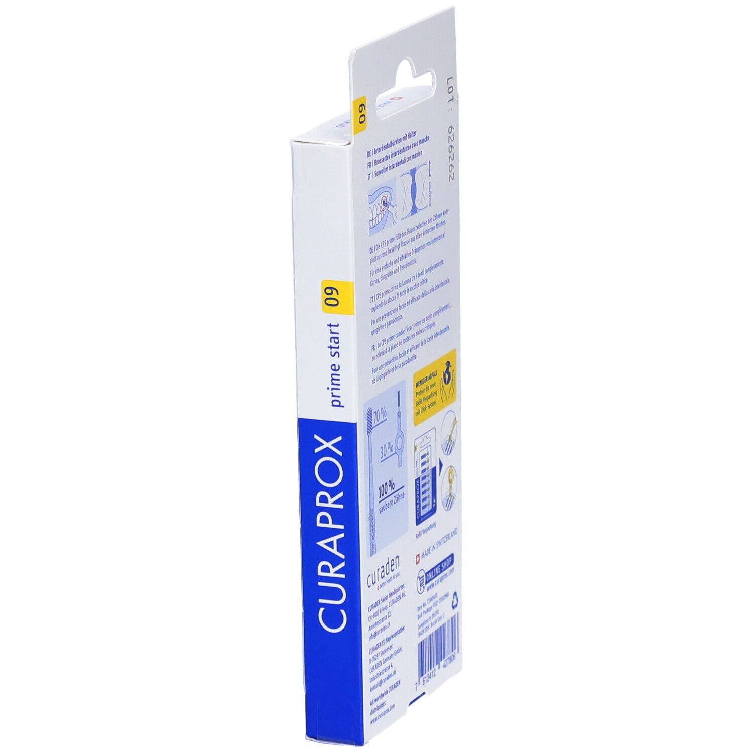 Seitenansicht der Verpackung mit Produktinformationen und Marke CURAPROX. Text in mehreren Sprachen.