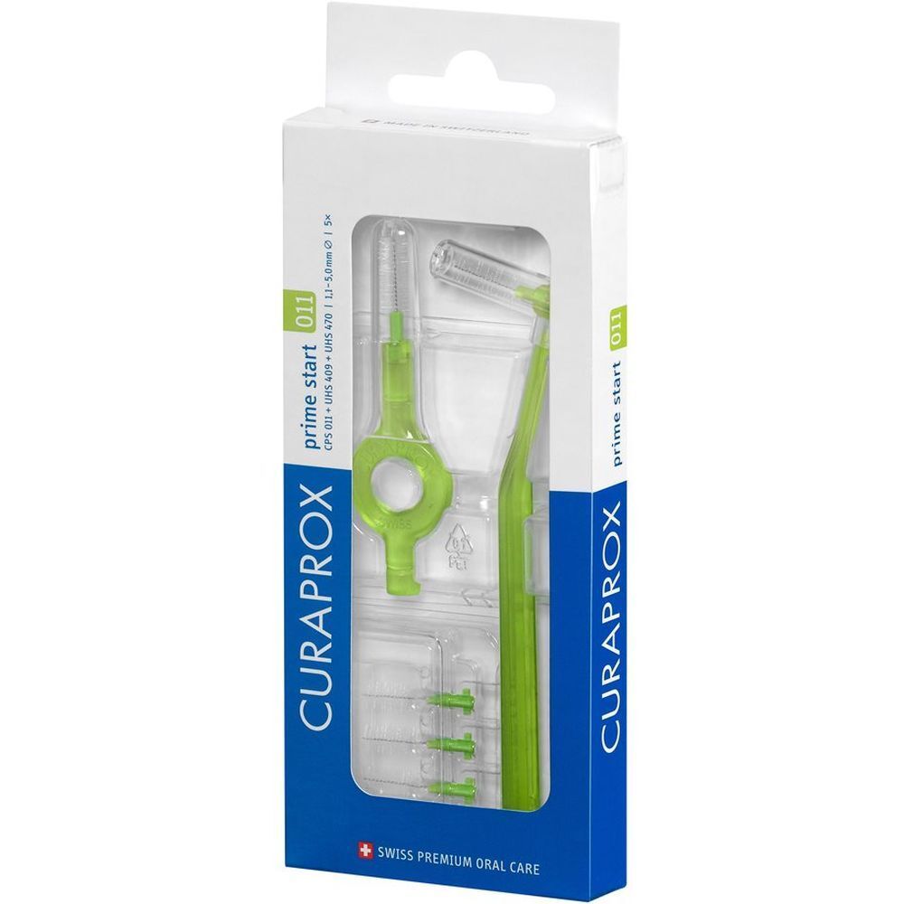 Verpackung mit grünen Interdentalbürsten. CURAPROX-Logo und Produktbezeichnung "prime start 011" sichtbar.