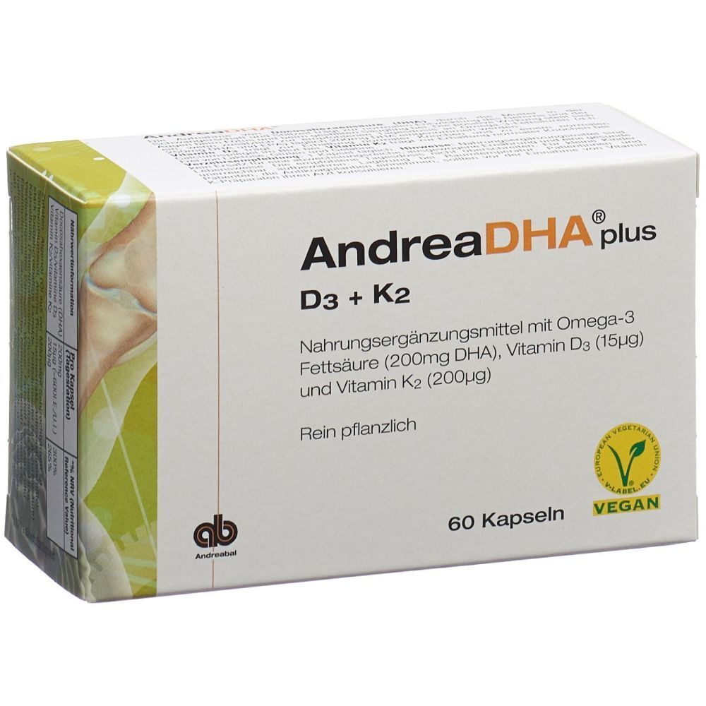 Weißer Karton mit "AndreaDHA plus" Aufdruck. Enthält 60 Kapseln. Vegan-Siegel.