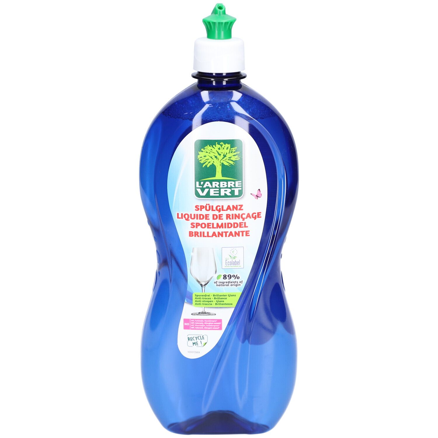 Blaue Flasche mit grünem Deckel. Etikett mit Logo, Schriftzug 'L'ARBRE VERT' und Produktbezeichnung. Klarspüler.