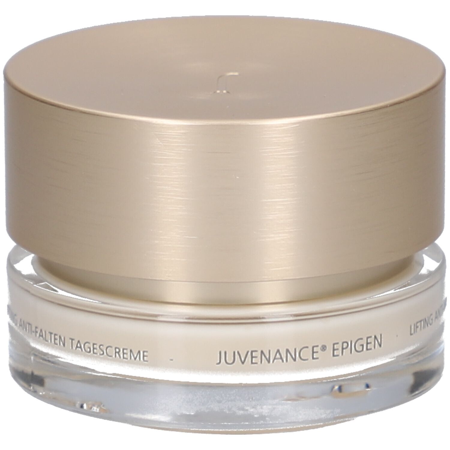 Creme-Tiegel mit goldfarbenem Deckel. Aufschrift: JUVENA OF SWITZERLAND. Text: Lifting Anti-Falten Tagescreme.