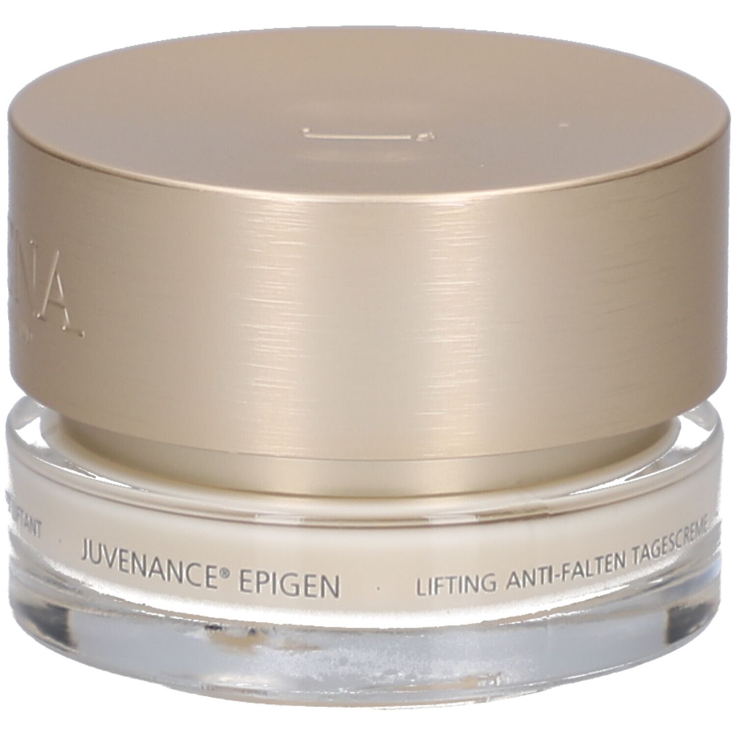 Creme-Tiegel mit goldfarbenem Deckel. Aufschrift: JUVENA OF SWITZERLAND. Text: Lifting Anti-Falten Tagescreme.