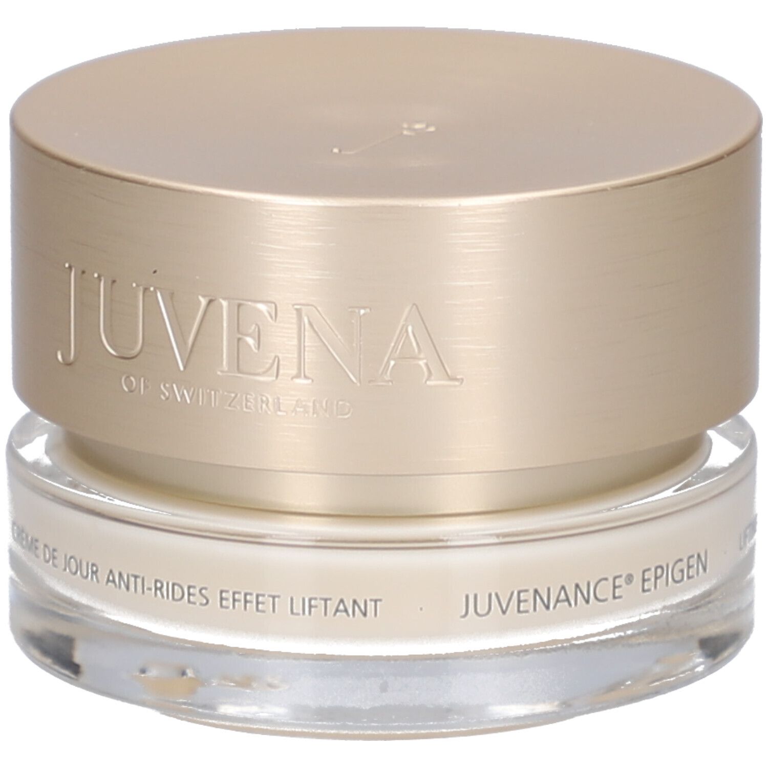 Creme-Tiegel mit goldfarbenem Deckel. Aufschrift: JUVENA OF SWITZERLAND. Text: Crème de jour anti-rides effet liftant.