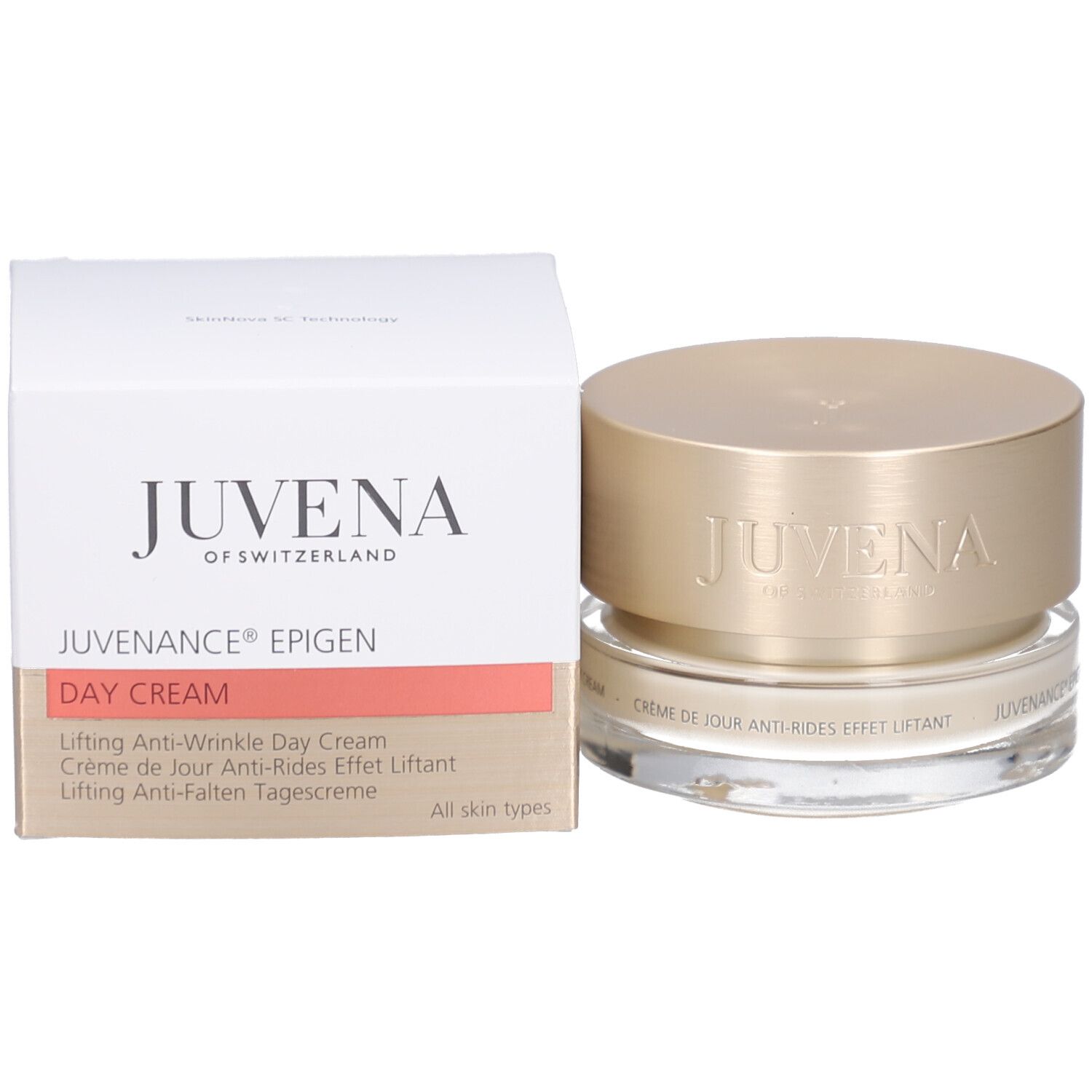 Produktverpackung mit Creme-Tiegel und Text: JUVENA, JUVENANCE EPIGEN, Lifting Anti-Wrinkle Day Cream.