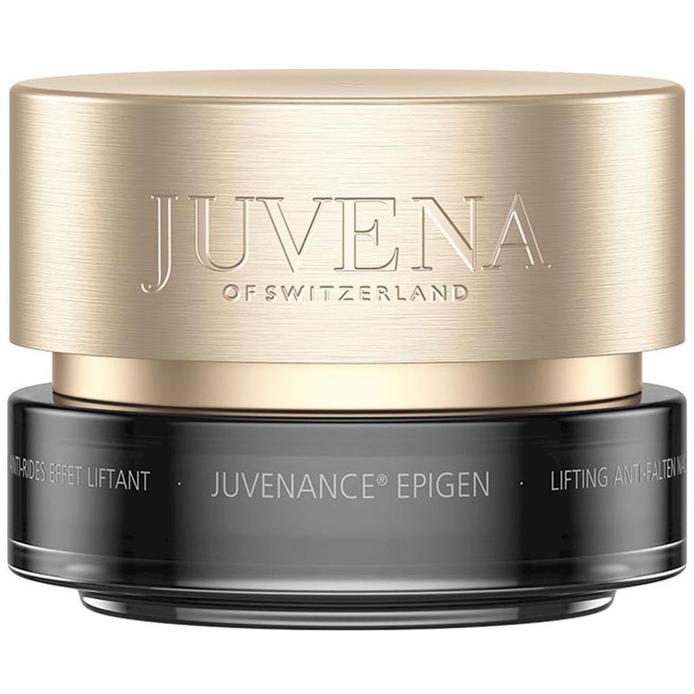 Creme-Tiegel mit goldfarbenem Deckel. Aufschrift: Juvena of Switzerland, Juvenance Epigen, Lifting Anti-Falten Nachtcreme.