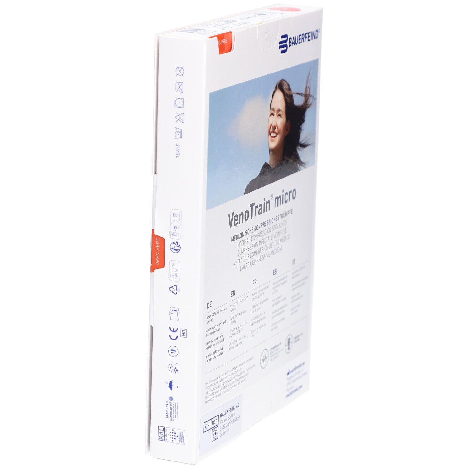 Verpackung mit Kompressionsstrümpfen. Marke: Bauerfeind. Produktname: VenoTrain micro. Frau lächelt auf der Verpackung.