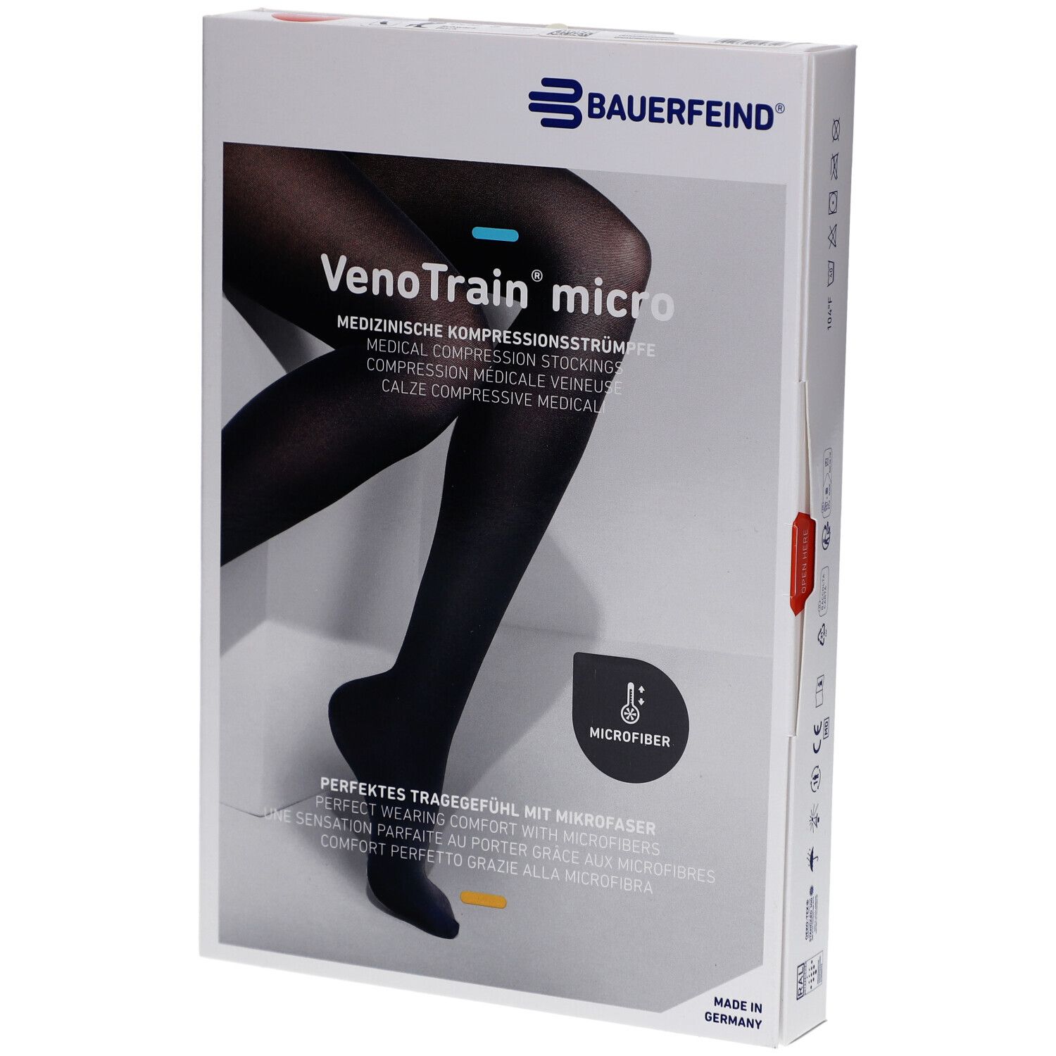 Verpackung mit Kompressionsstrümpfen. Schwarze Strümpfe, Marke VenoTrain micro, mit Mikrofaser. Medizinische Kompressionsstrümpfe.
