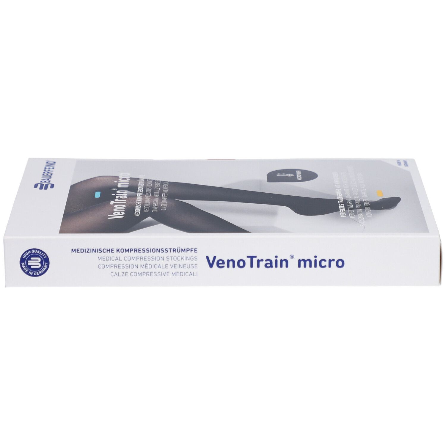 Verpackung von VenoTrain micro Kompressionsstrümpfen. Schwarz, Größe M plus/long, Fuß geschlossen. Text: Medizinische Kompressionsstrümpfe.