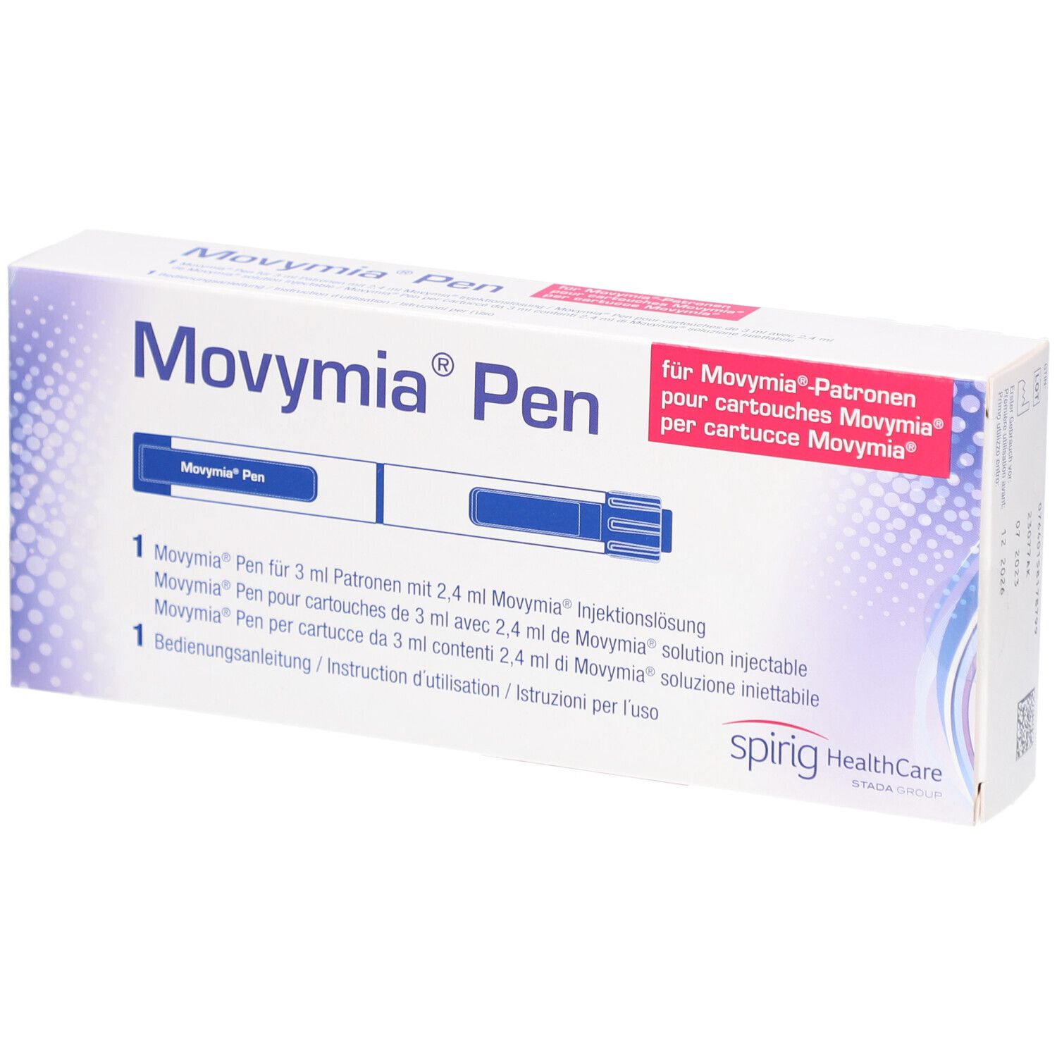 Verpackung von Movymia Pen. Weißer Karton mit blauer und roter Beschriftung. Enthält einen Pen und eine Bedienungsanleitung.