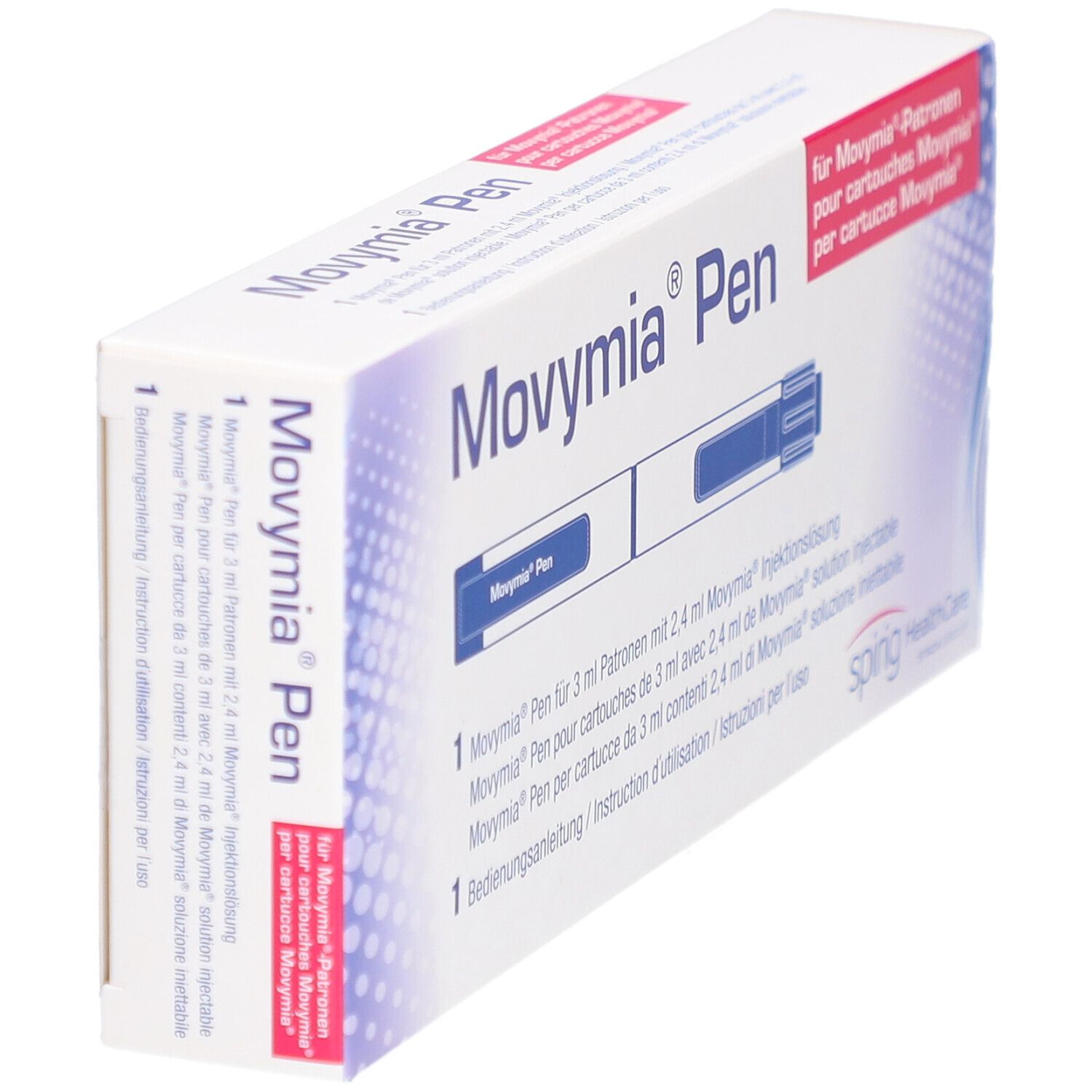 Schrägansicht der Movymia Pen Verpackung. Weißer Karton mit blauer und roter Beschriftung. Enthält einen Pen und eine Anleitung.