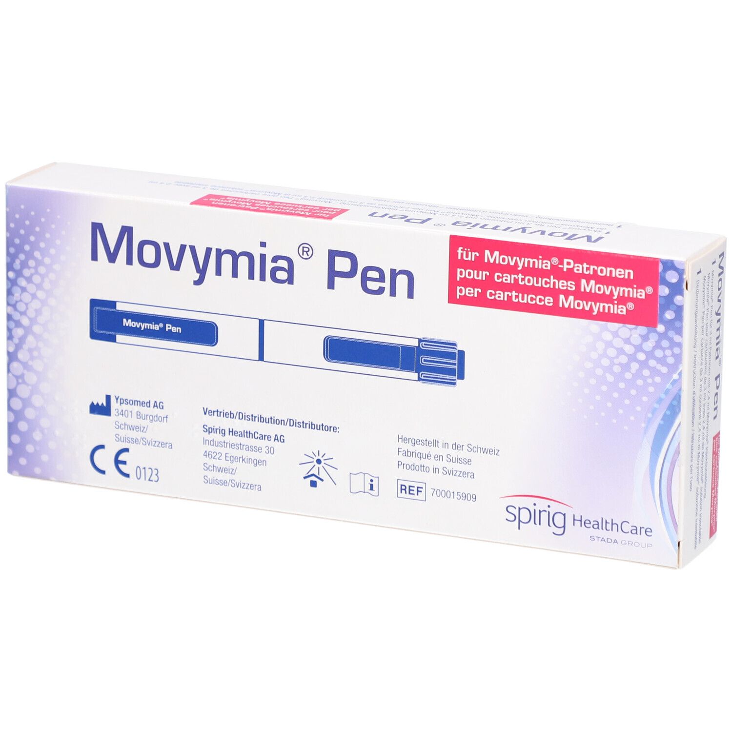 Movymia Pen Verpackung. Weißer Karton mit blauer und roter Beschriftung. Enthält einen Pen und eine Bedienungsanleitung. CE-Kennzeichnung.