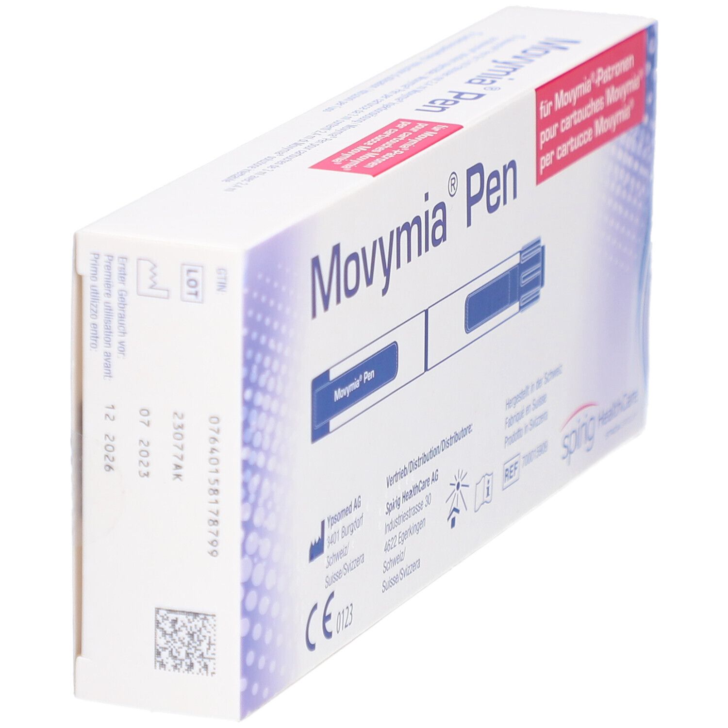 Schrägansicht der Movymia Pen Verpackung. Weißer Karton mit blauer und roter Beschriftung. Enthält einen Pen und eine Anleitung. CE-Kennzeichnung.