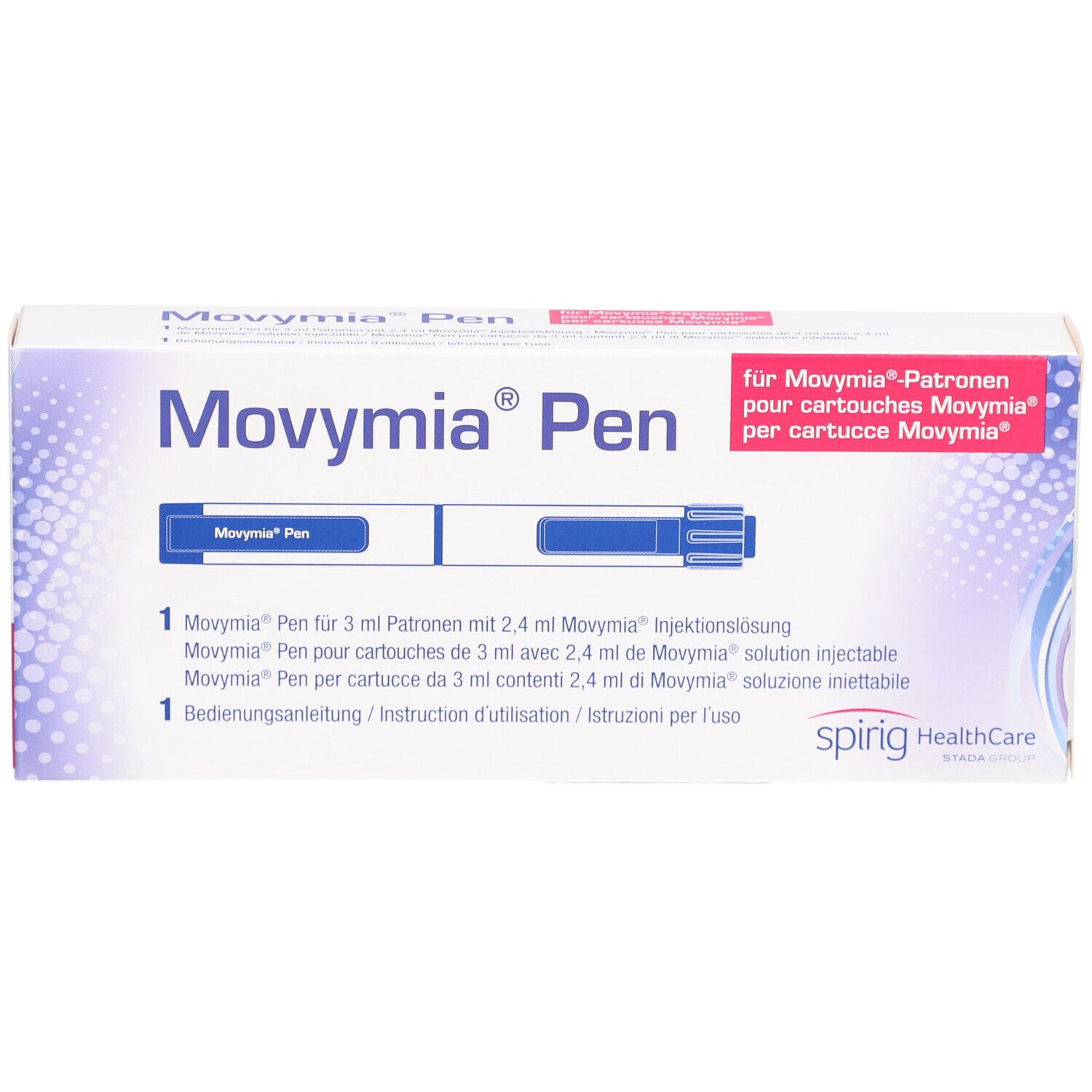 Movymia Pen Verpackung. Weißer Karton mit blauer und roter Beschriftung. Enthält einen Pen und eine Bedienungsanleitung.