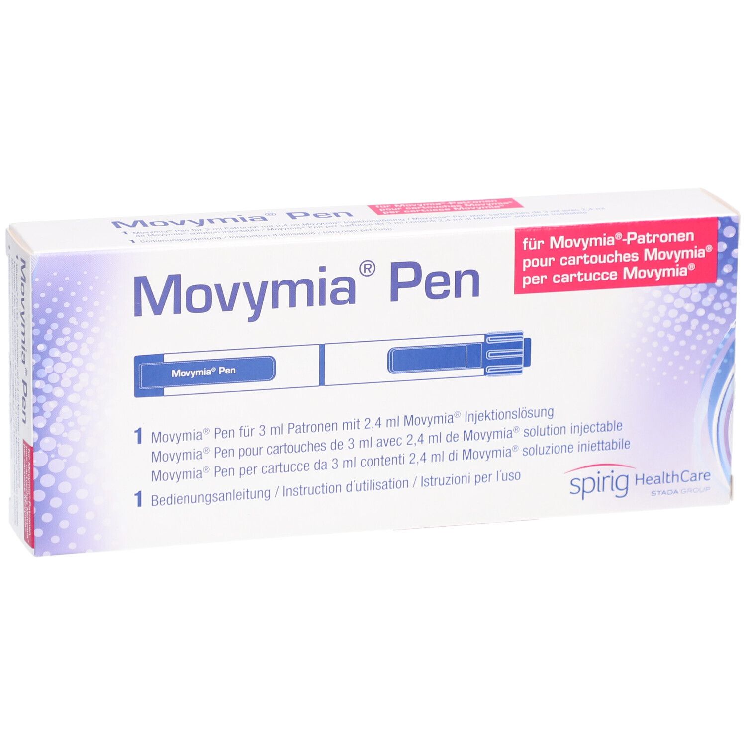 Movymia Pen Verpackung. Weißer Karton mit blauer und roter Beschriftung. Enthält einen Pen und eine Bedienungsanleitung.