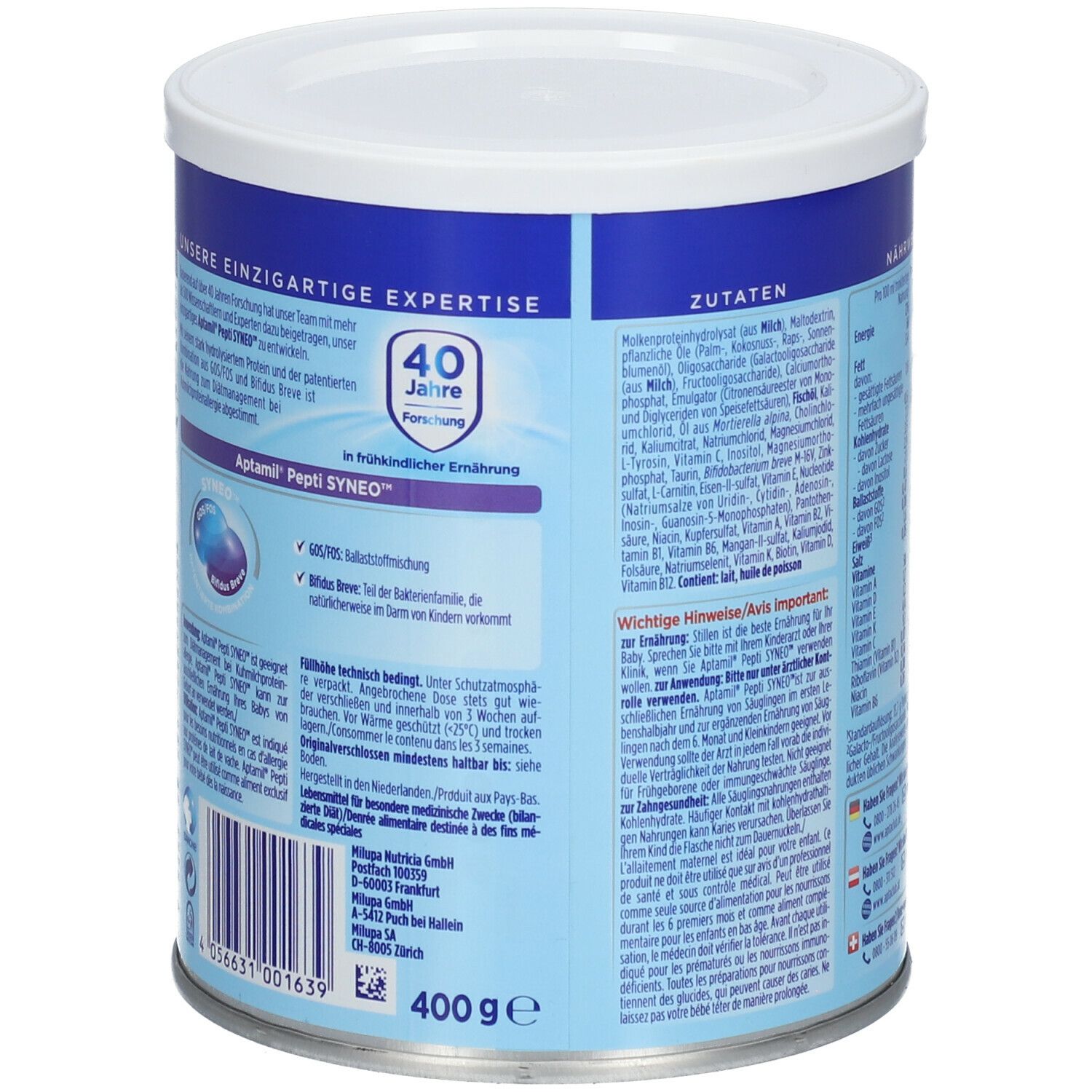 Rückseite der Aptamil Pepti Syneo Dose. Enthält Informationen zu Inhaltsstoffen und Hersteller. 400g, blauer Hintergrund.