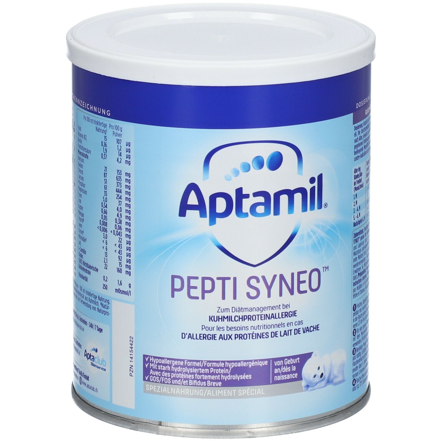 Aptamil Pepti Syneo Dose. Blaue Dose mit weißem Deckel. Aufschrift: "Zum Diätmanagement bei Kuhmilchproteinallergie".