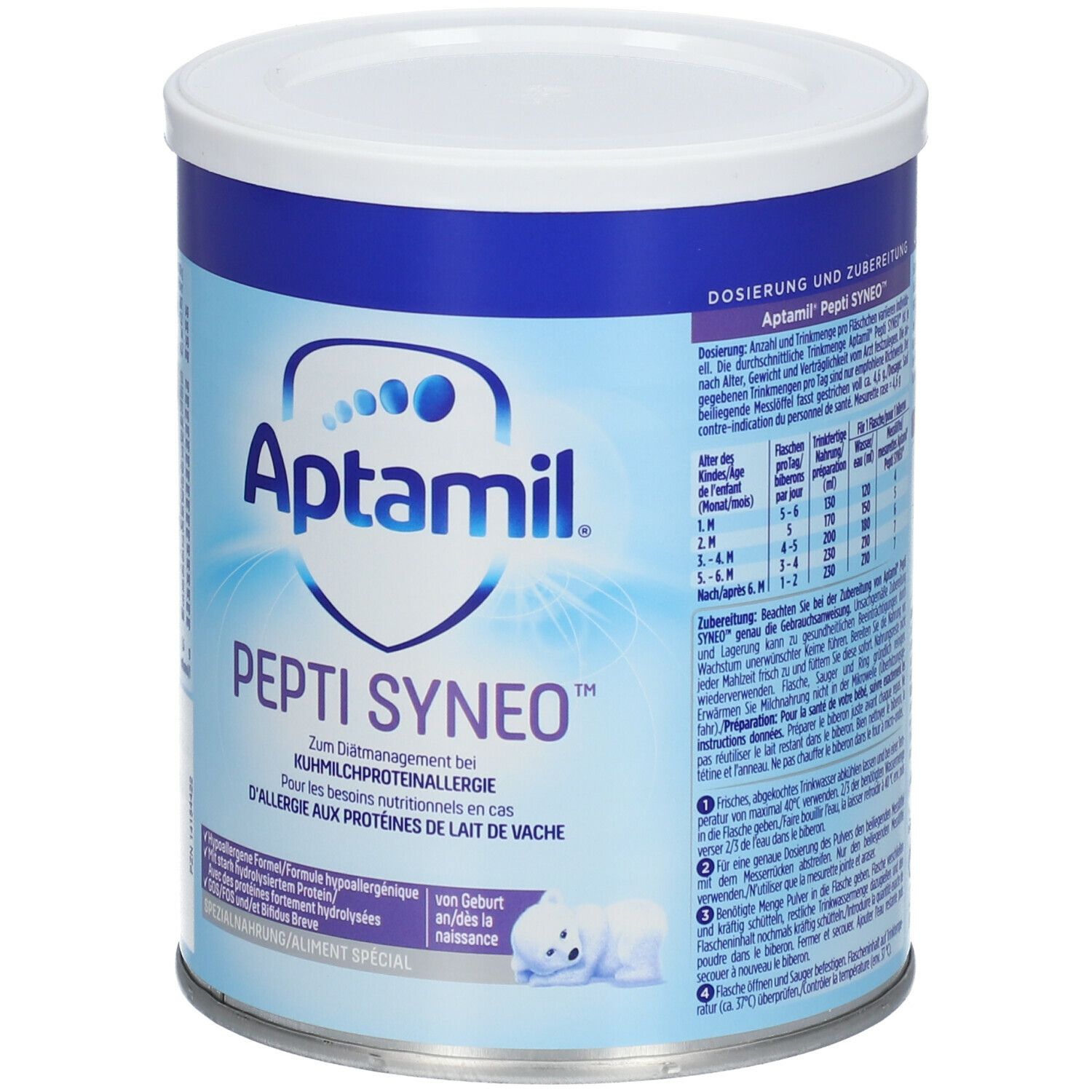 Aptamil Pepti Syneo Dose. Blaue Dose mit weißem Deckel. Aufschrift: "Zum Diätmanagement bei Kuhmilchproteinallergie".