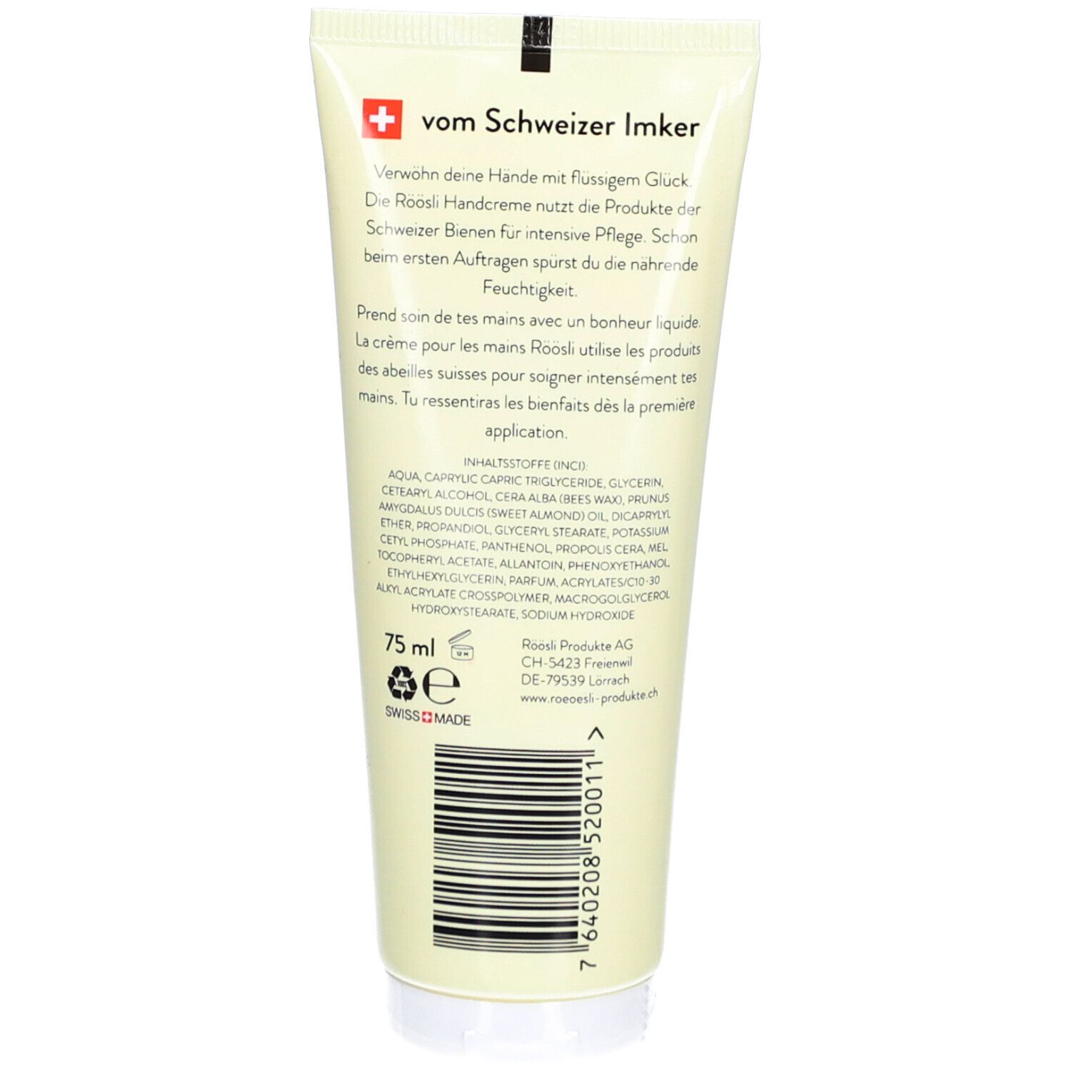 Rückseite der Creme-Tube. Text mit Inhaltsstoffen und Herstellerangaben. Schweizer Kreuz und Logo.