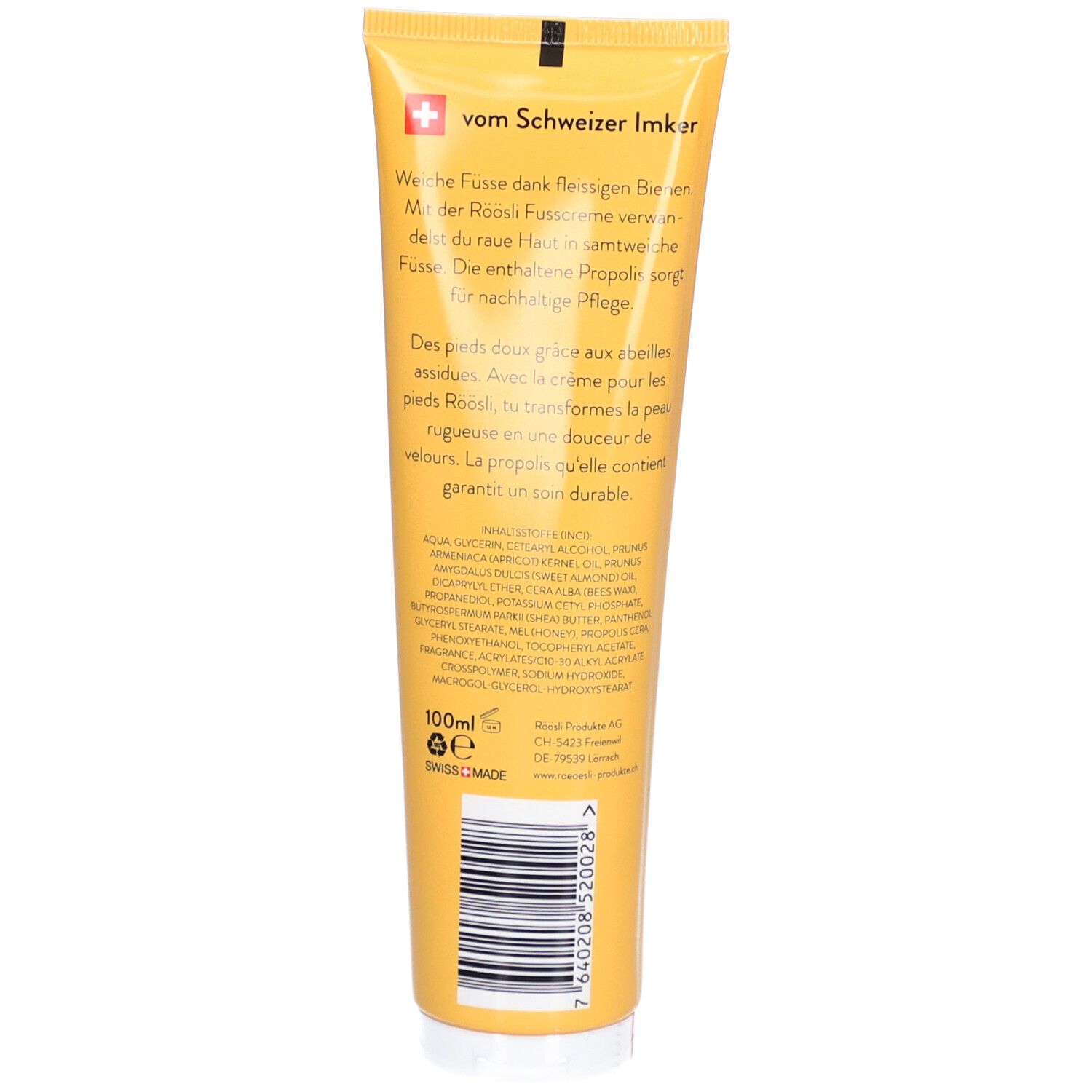Rückseite der RÖÖSLI Fusscreme Tube. Text und Inhaltsstoffe. Schweizer Kreuz. Barcode und Volumenangabe.