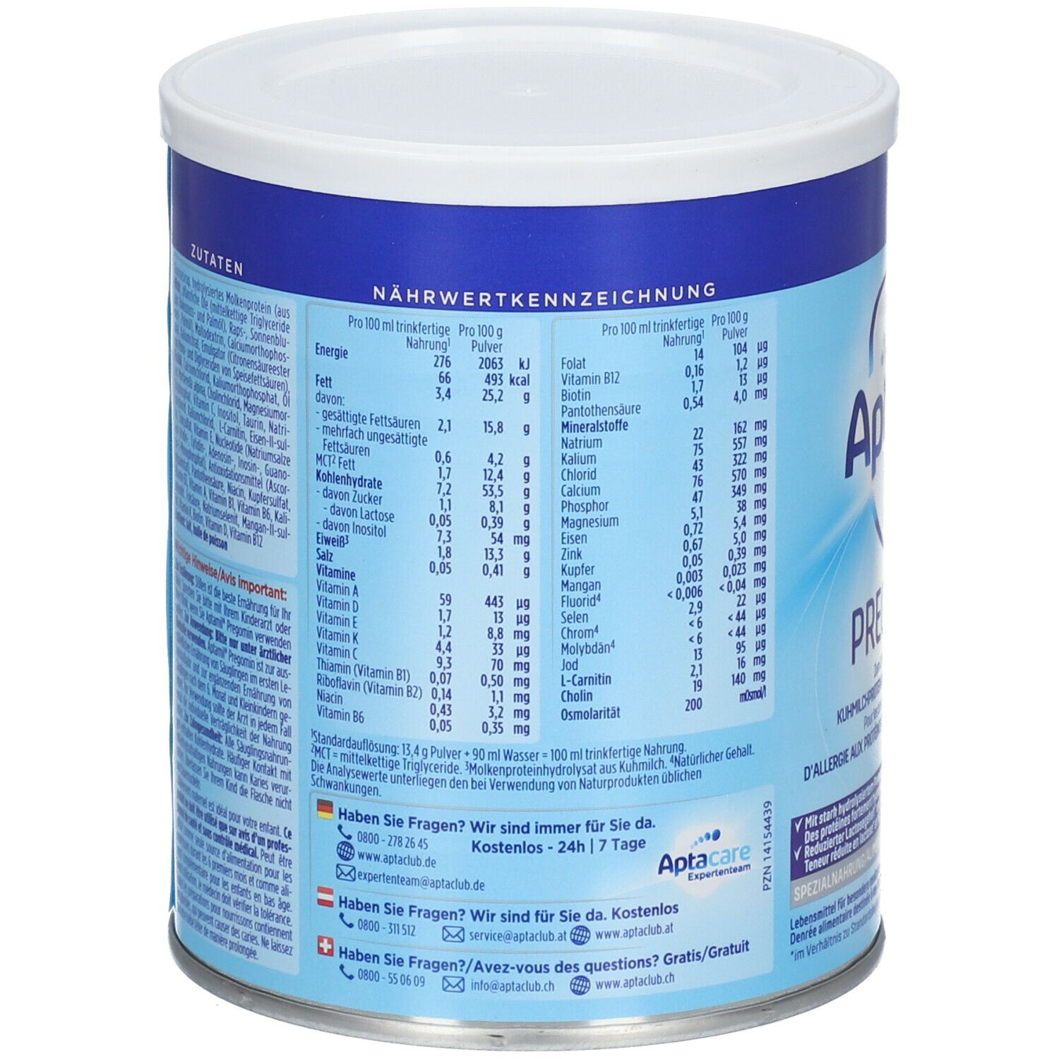 Aptamil Pregomin Dose. Rückseite mit Nährwertangaben und Zutaten. Blaue Dose mit weißem Deckel. Text in Deutsch, Französisch, Italienisch.