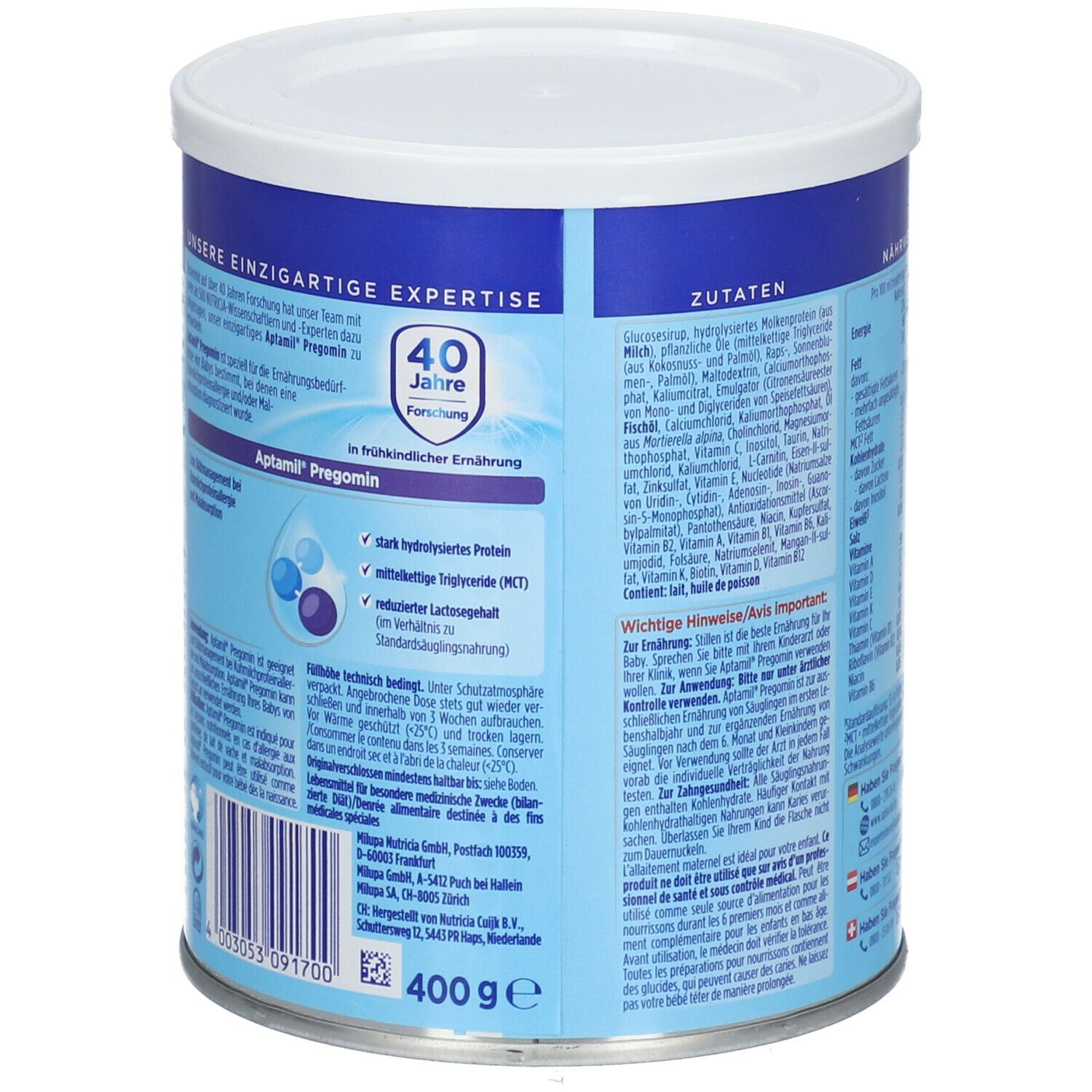 Aptamil Pregomin Dose. Rückseite mit Text und Zutaten. Blaue Dose mit weißem Deckel. 400g. Text: einzigartige Expertise.