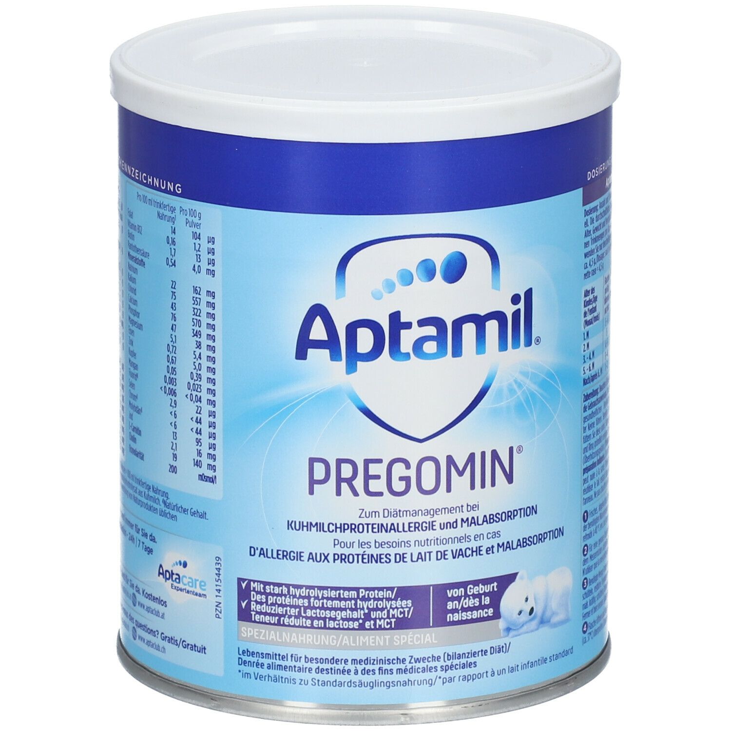 Aptamil Pregomin Dose. Blaue Dose mit weißem Deckel. Text: Pregomin, für Kuhmilchproteinallergie. Baby-Illustration.