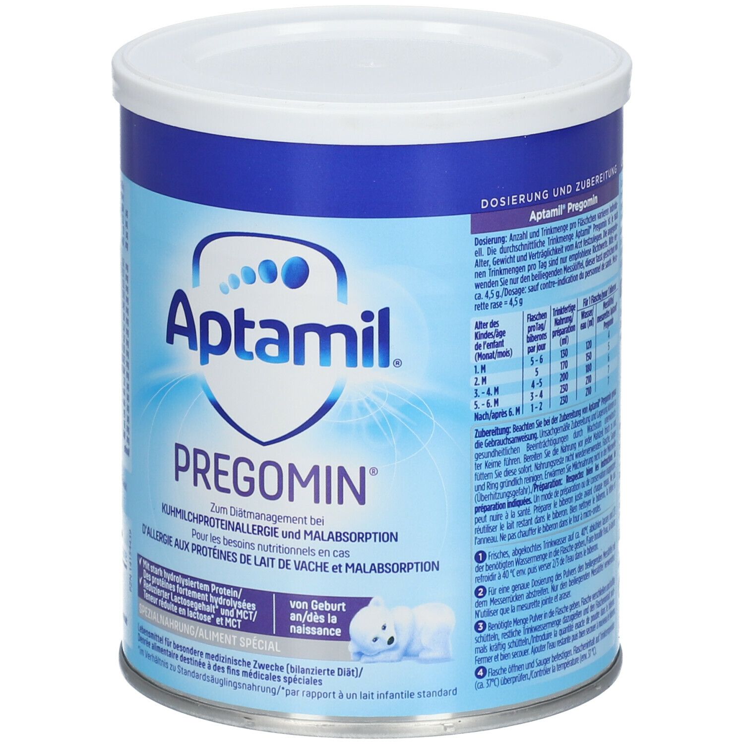 Aptamil Pregomin Dose. Blaue Dose mit weißem Deckel. Text: Pregomin, für Kuhmilchproteinallergie. Dosierungsangaben.