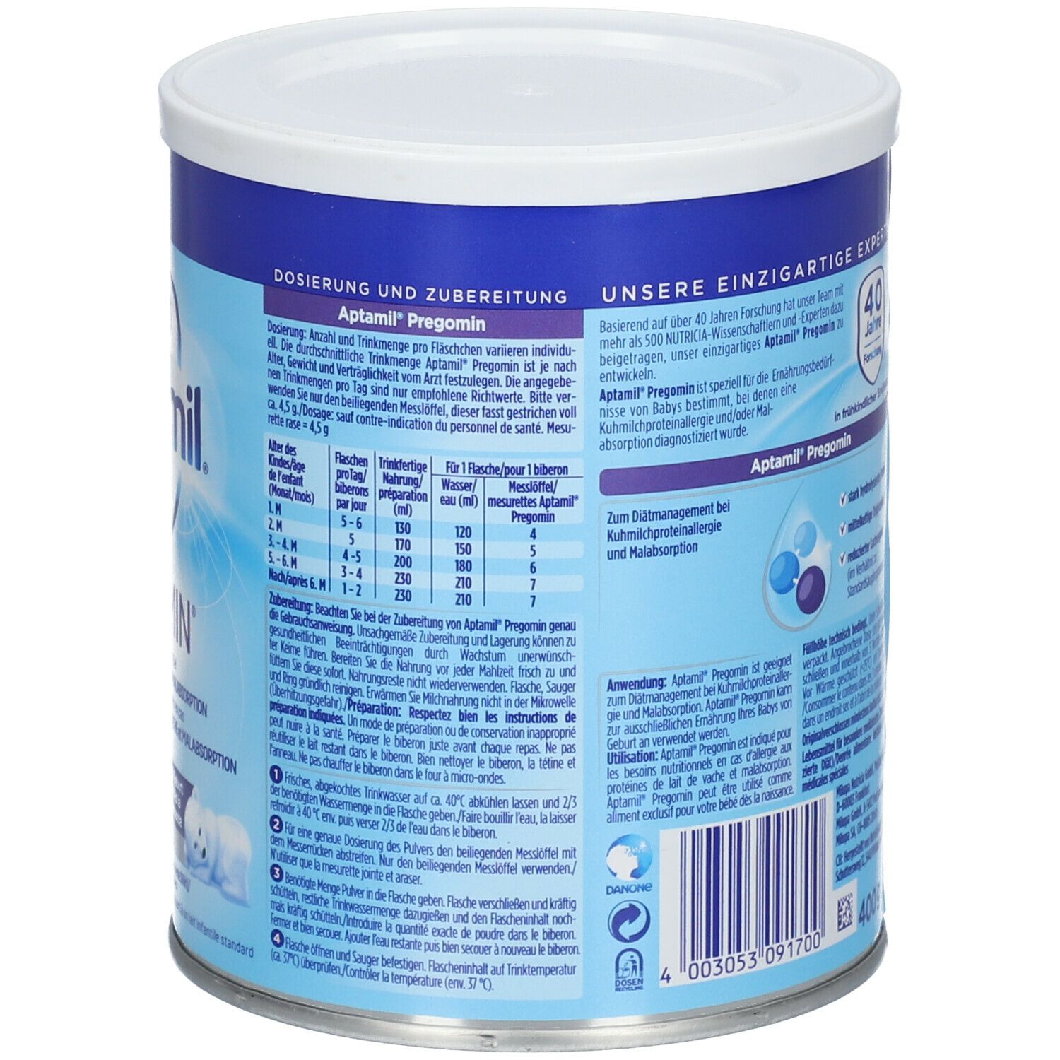 Aptamil Pregomin Dose. Rückseite mit Text und Dosierungsangaben. Blaue Dose mit weißem Deckel. Text: einzigartige Expertise.