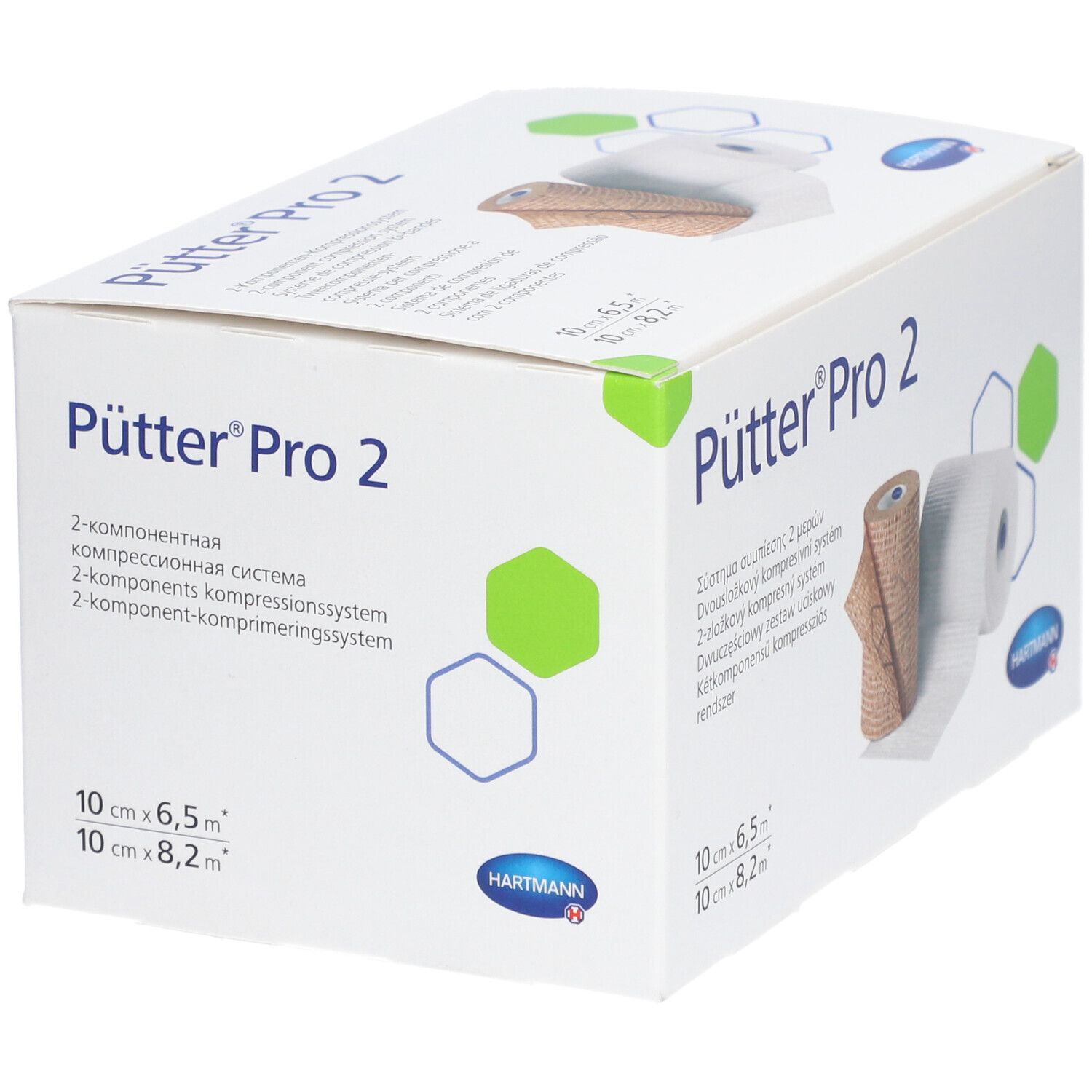 Verpackung von Pütter®Pro 2. Zwei Kompressionsbinden, eine braun, eine weiß. Aufdrucke: Pütter®Pro 2, Hartmann.