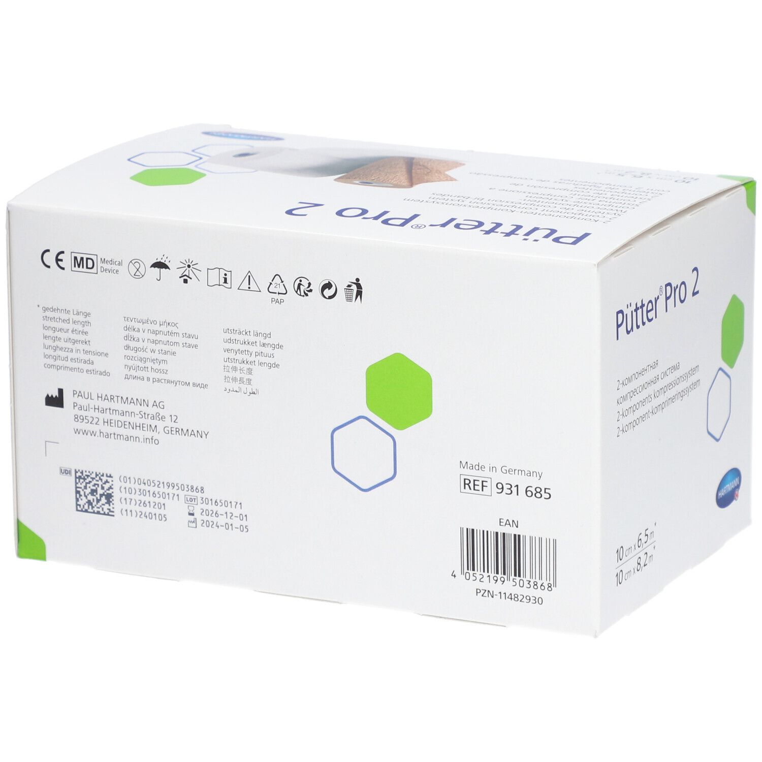 Rückseite der Verpackung von Pütter®Pro 2. Aufdrucke: CE-Kennzeichnung, Herstelleradresse, Chargennummer, EAN-Code.