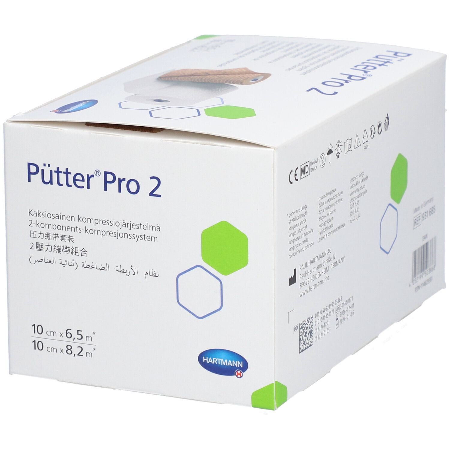 Verpackung von Pütter®Pro 2. Aufdrucke: Pütter®Pro 2, Hartmann. Zwei Kompressionsbinden, eine braun, eine weiß.