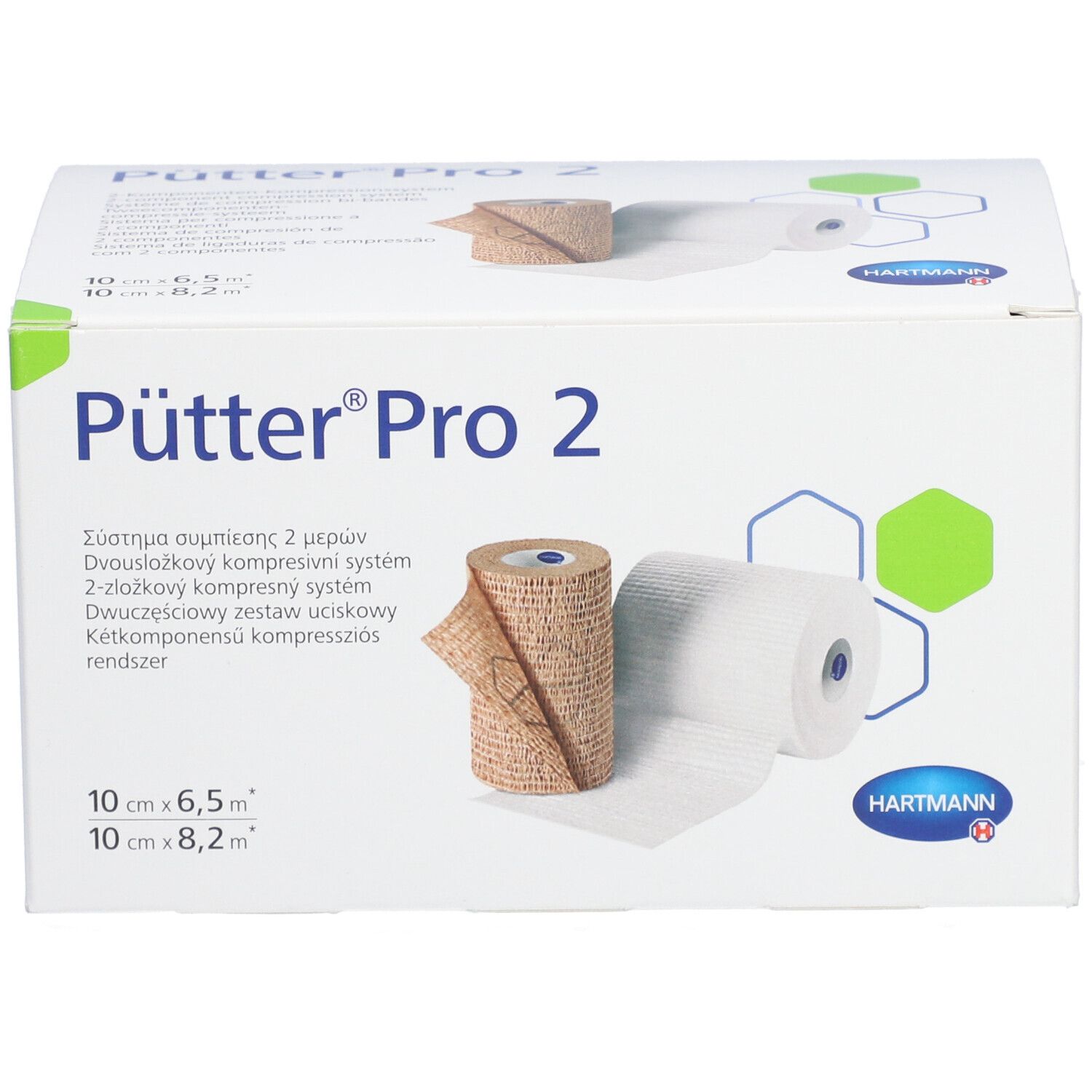 Verpackung von Pütter®Pro 2. Zwei Kompressionsbinden, eine braun, eine weiß. Aufdrucke: Pütter®Pro 2, Hartmann.