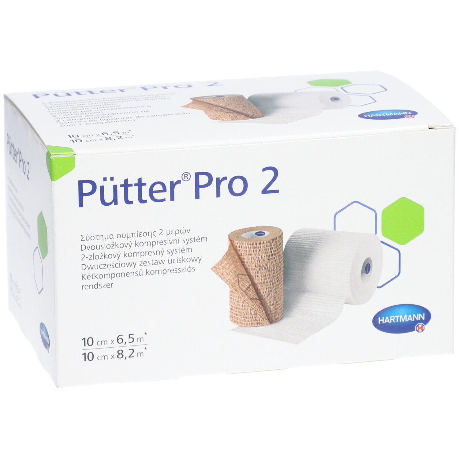 Verpackung von Pütter®Pro 2. Zwei Kompressionsbinden, eine braun, eine weiß. Aufdrucke: Pütter®Pro 2, Hartmann.