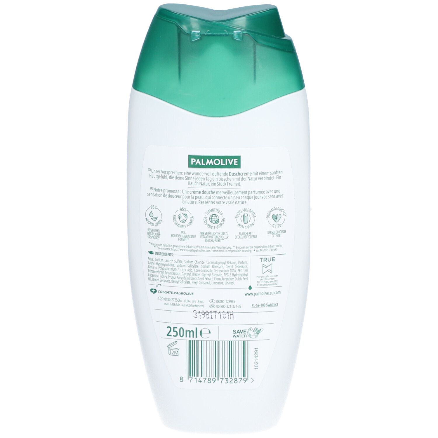 Rückseite der weißen und grünen Flasche mit Palmolive-Logo und Text. 250ml-Angabe.