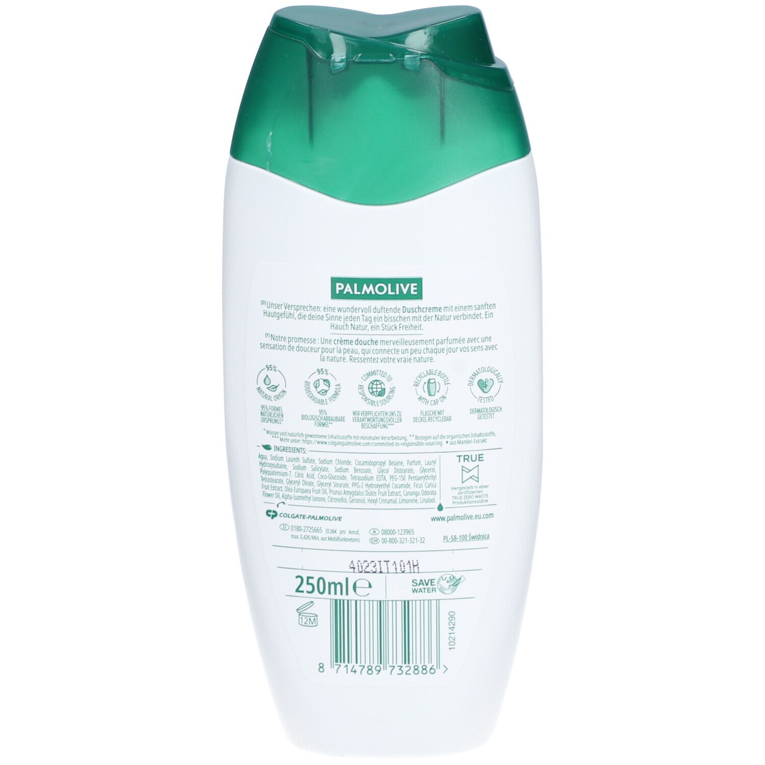 Rückseite der Flasche mit Palmolive-Logo, Text und verschiedenen Siegeln. 250ml.