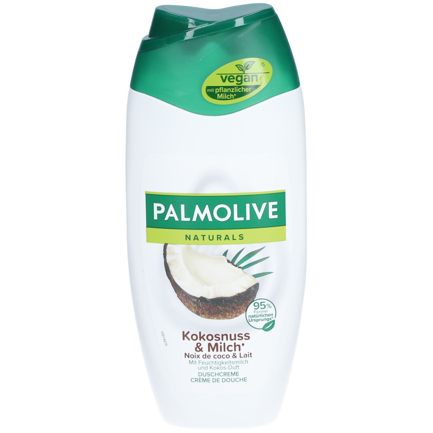 Weiß-grüne Flasche mit Palmolive-Logo, Kokosnuss-Abbildung und Text. Vegan-Siegel. Duschcreme.
