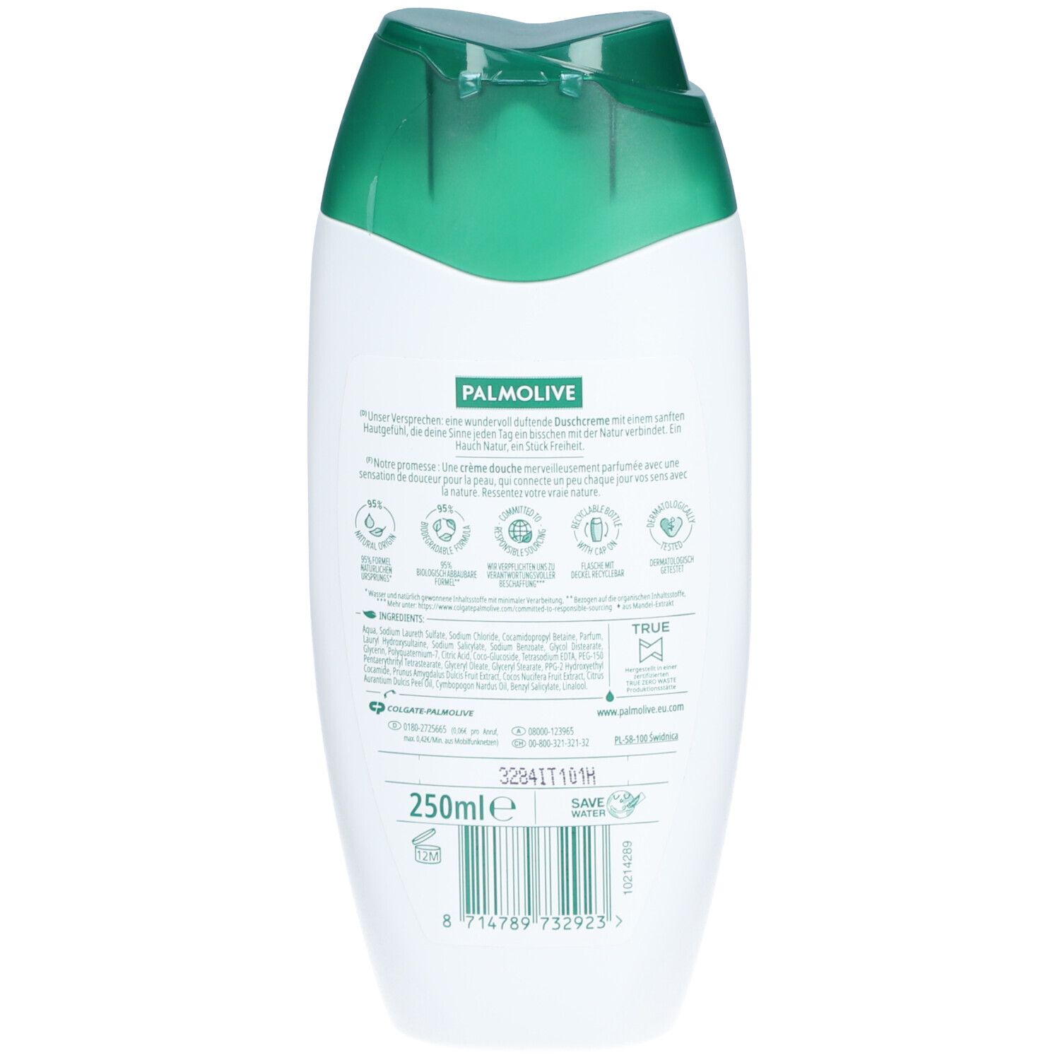 Rückseite einer weißen und grünen Flasche. Text und Logos. 250ml-Angabe. Barcode.