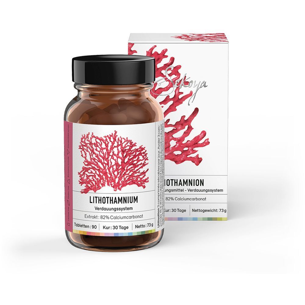 Braune Glasflasche mit schwarzen Deckel und Etikett. Daneben eine Produktverpackung. Auf dem Etikett steht "Lithothamnium".