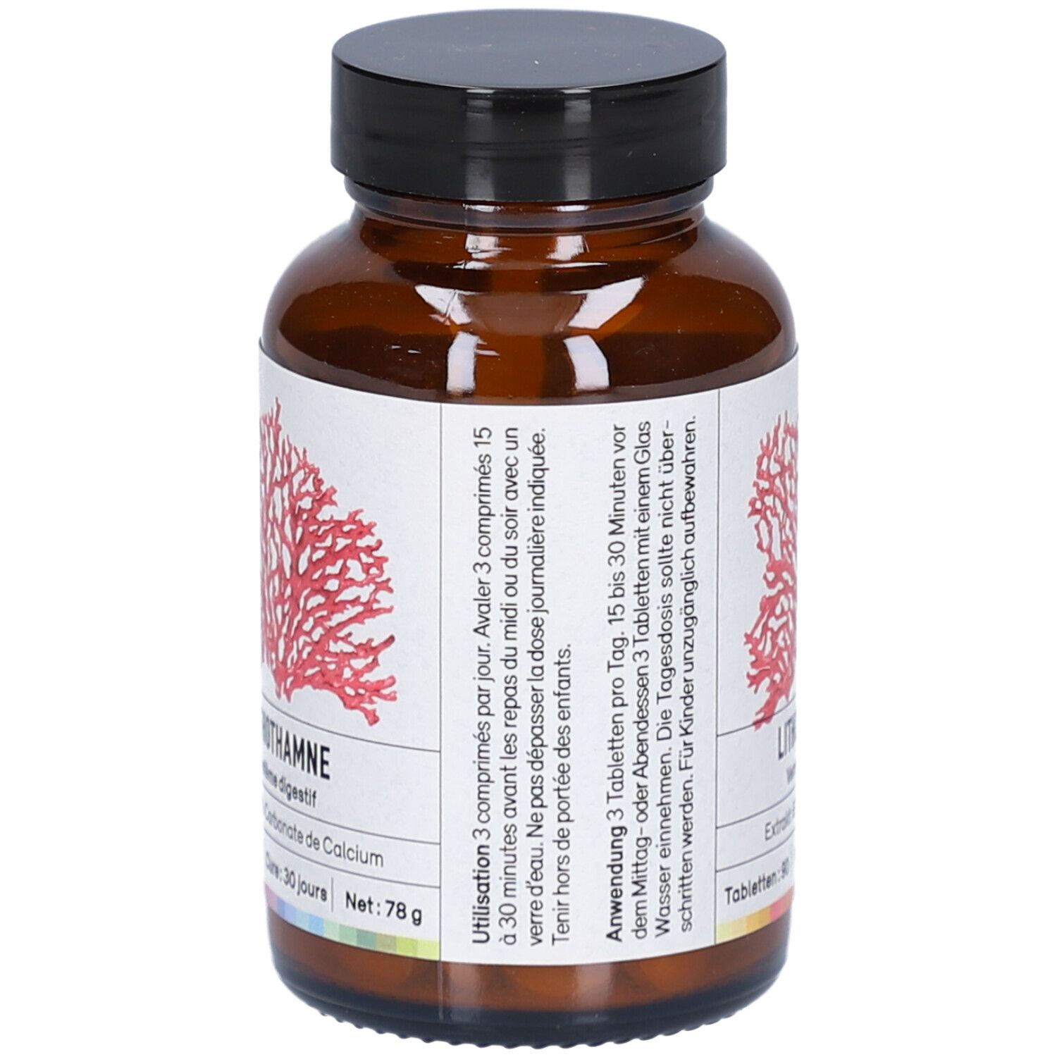 Braune Glasflasche mit schwarzem Deckel. Etikett mit roter Korallenzeichnung und Text: Lithothamnium, 78g.