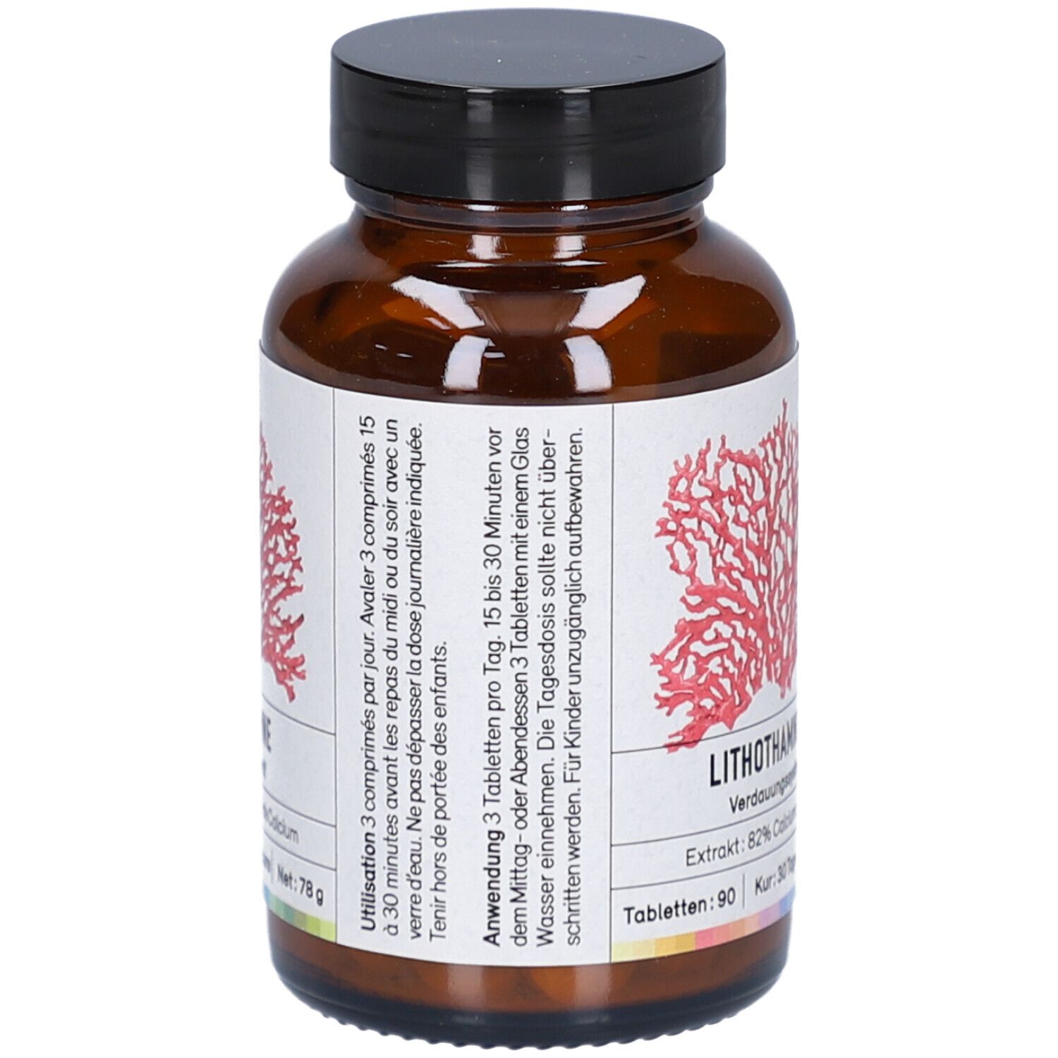 Braune Glasflasche mit schwarzem Deckel. Etikett mit roter Korallenzeichnung und Text: Lithothamnium, 90 Tabletten, 78g.